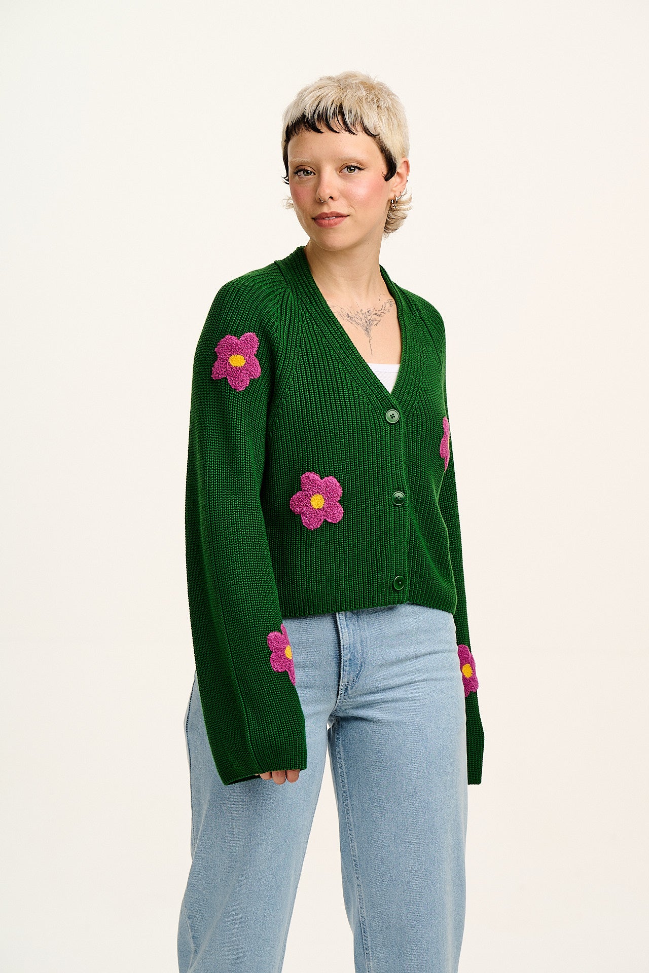 Robyn - V-Neck Cotton Cardigan in Green with Bubble Floral Motif