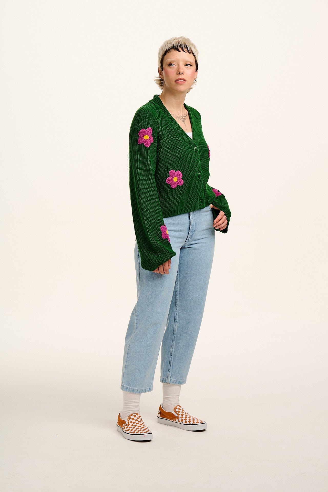 Robyn - V-Neck Cotton Cardigan in Green with Bubble Floral Motif