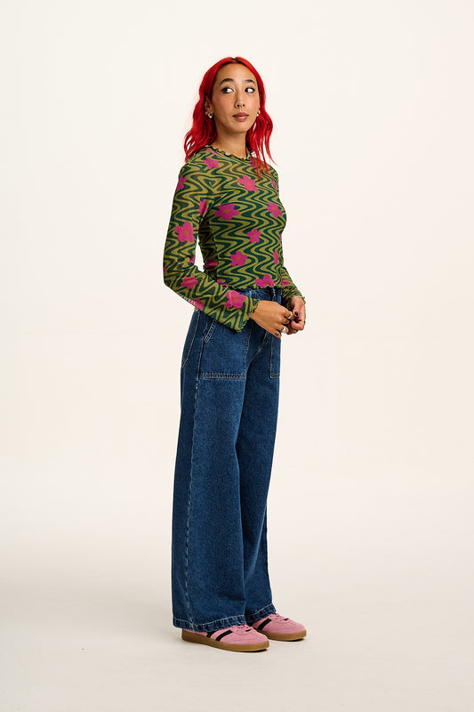 Perrie - Long Sleeve Mesh Top in Green Floral Swirl Print