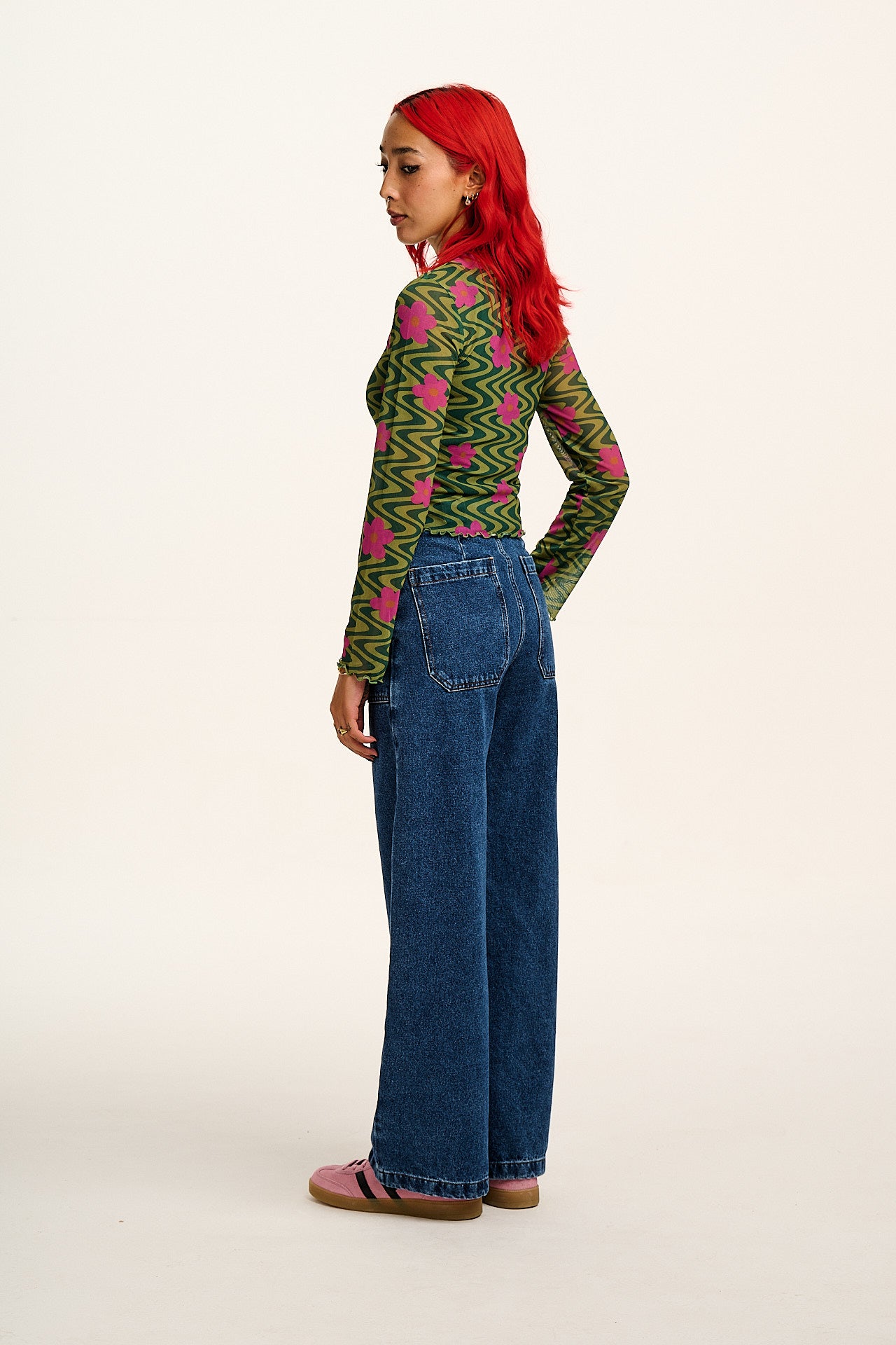 Perrie - Long Sleeve Mesh Top in Green Floral Swirl Print