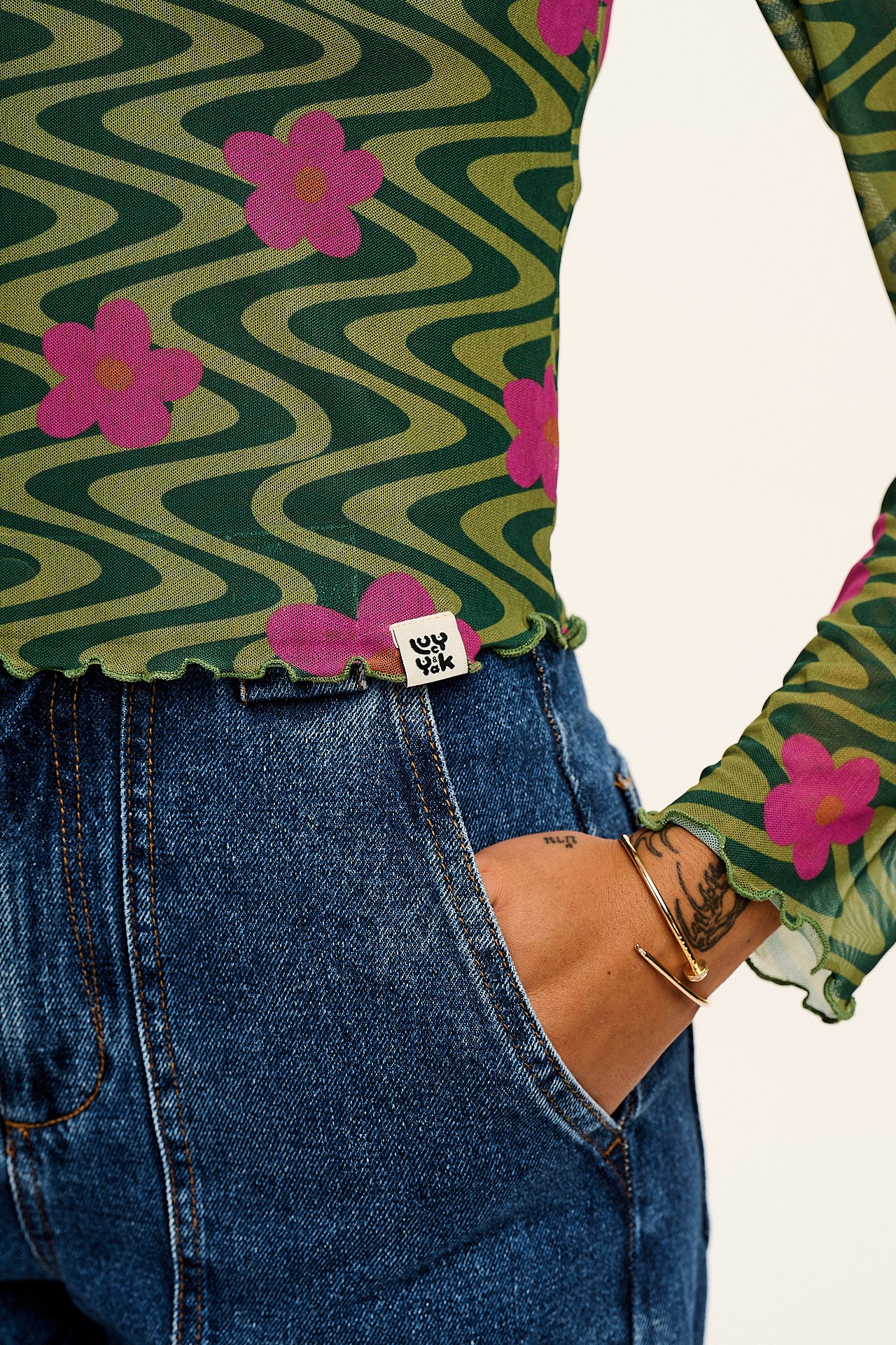 Perrie - Long Sleeve Mesh Top in Green Floral Swirl Print