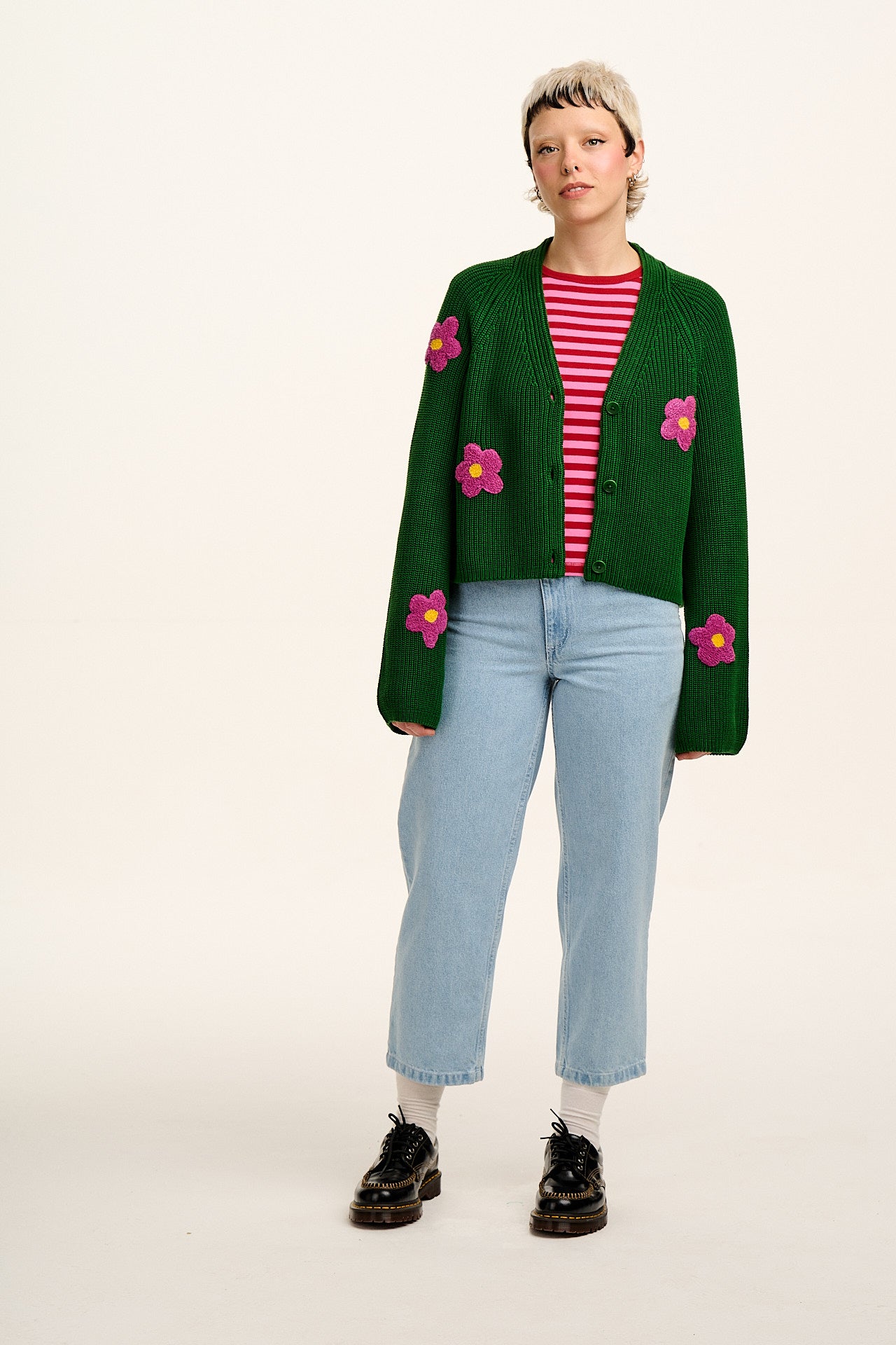 Robyn - V-Neck Cotton Cardigan in Green with Bubble Floral Motif
