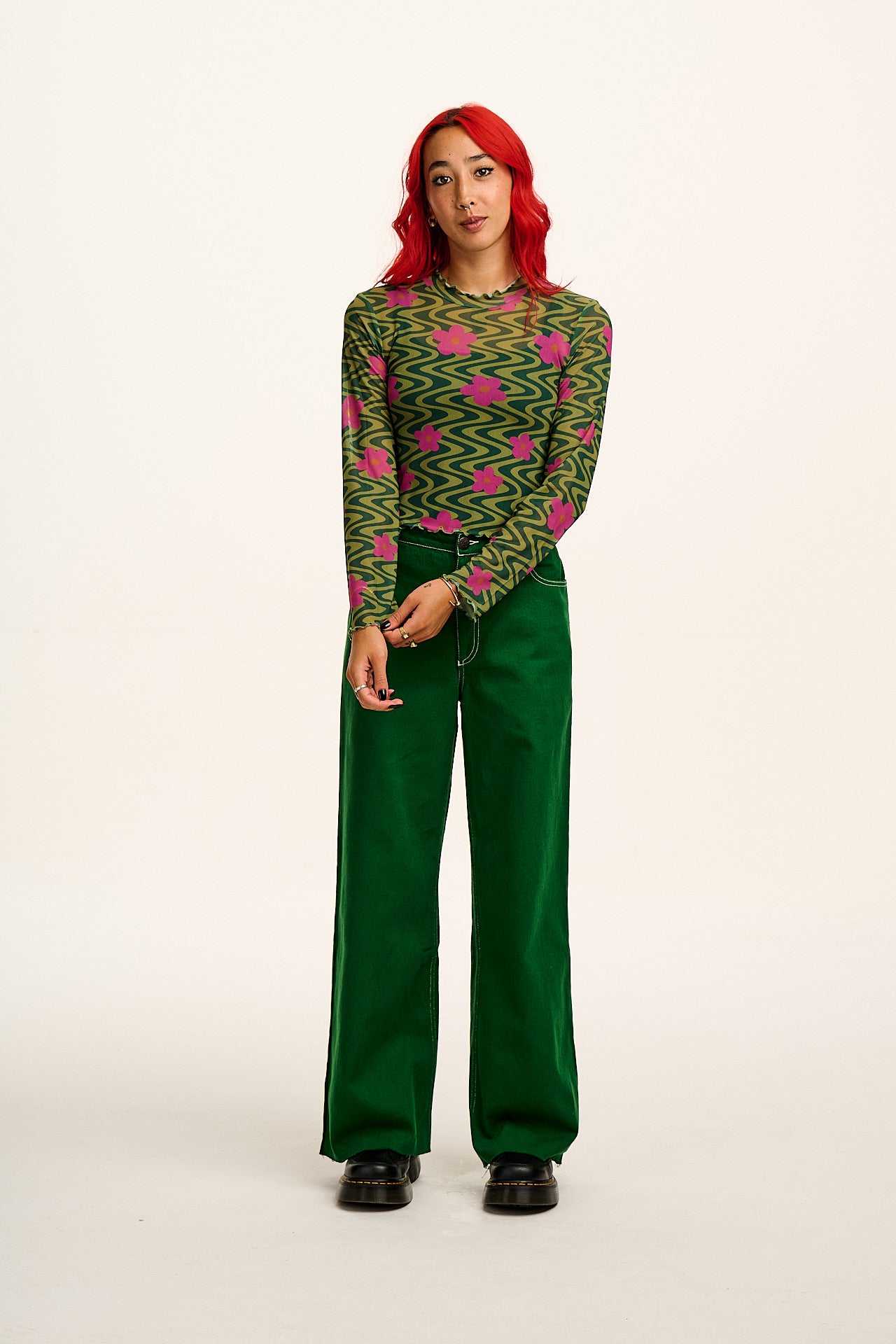 Perrie - Long Sleeve Mesh Top in Green Floral Swirl Print