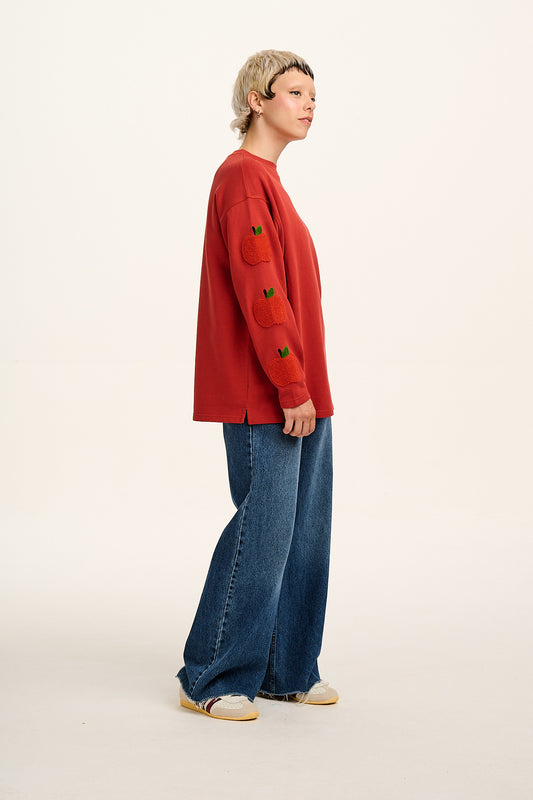 Kai - Midweight Cotton Crew Neck Sweatshirt in Red Apples Motif