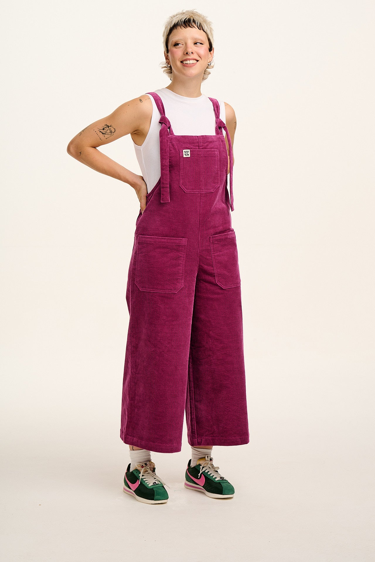 Jenny - Wide Leg Corduroy Dungaree in Raspberry