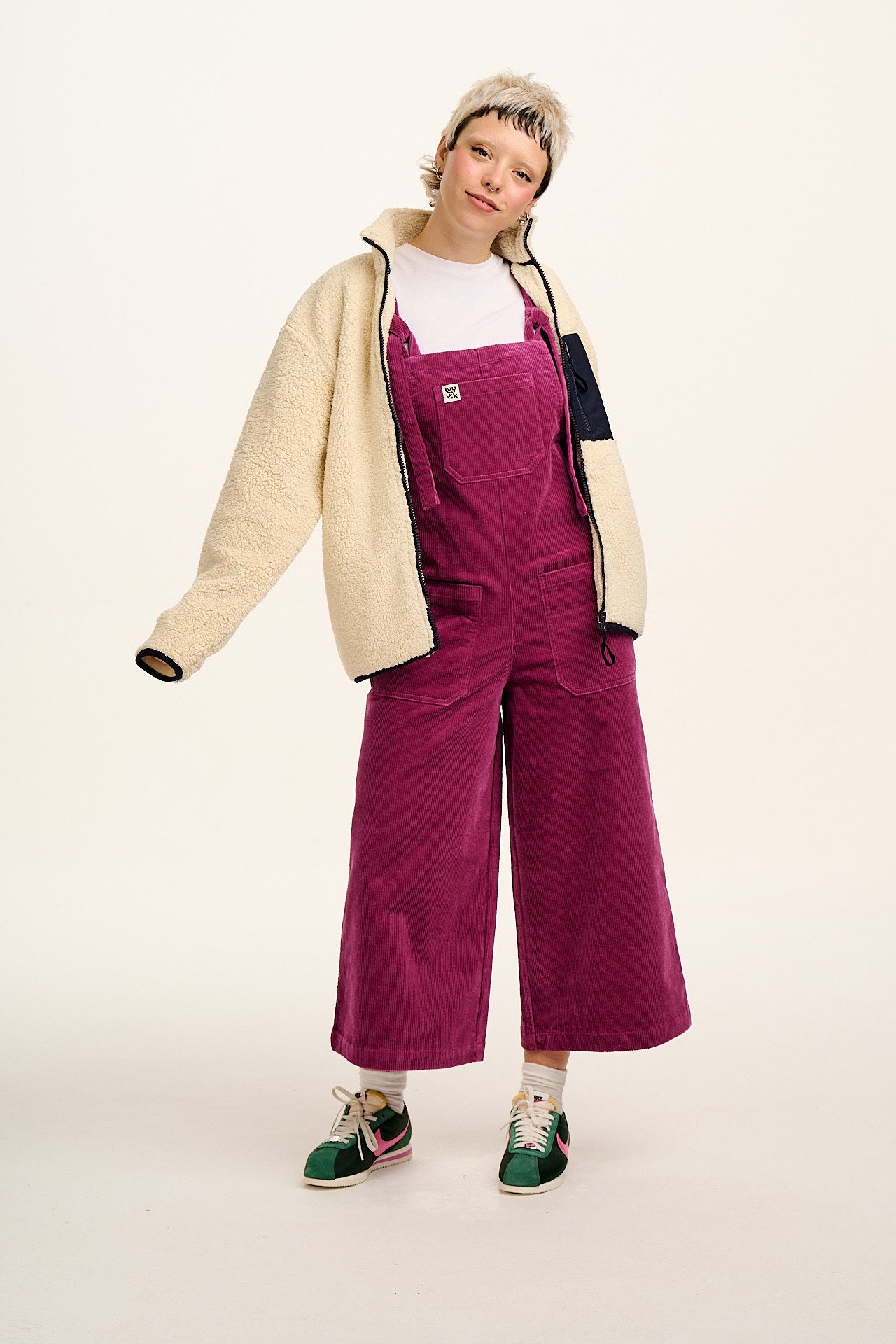Jenny - Wide Leg Corduroy Dungaree in Raspberry