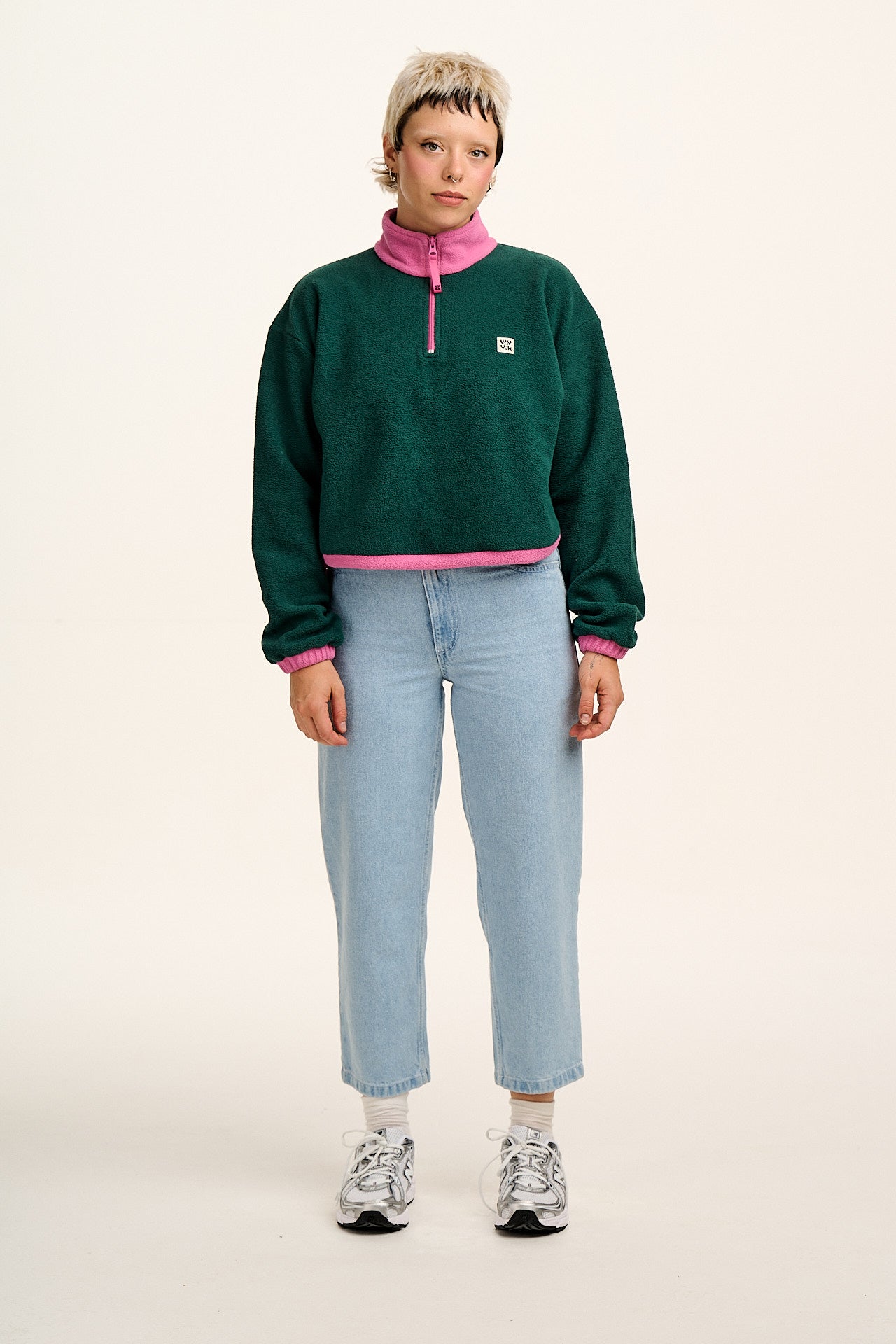 Blake - Cropped Polar Fleece in Green with Pink Contrast