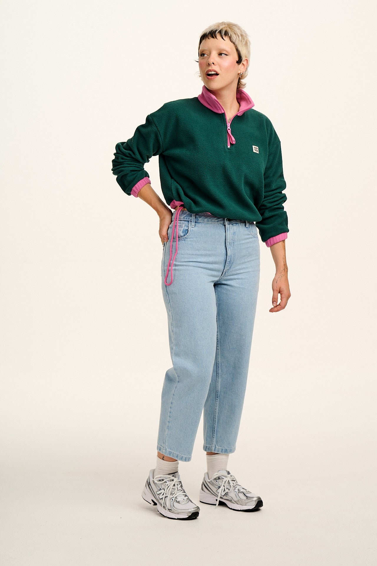 Blake - Cropped Polar Fleece in Green with Pink Contrast