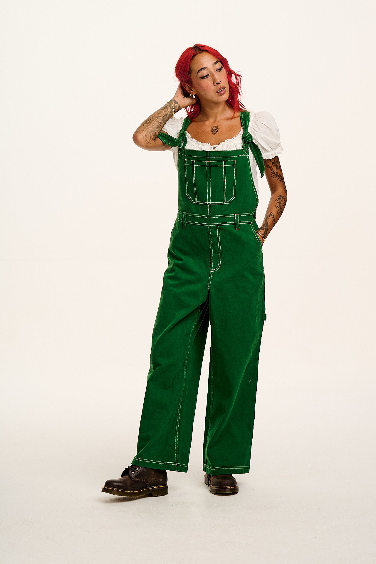 Mullen - Cotton Dungarees in Green Contrast Stitch