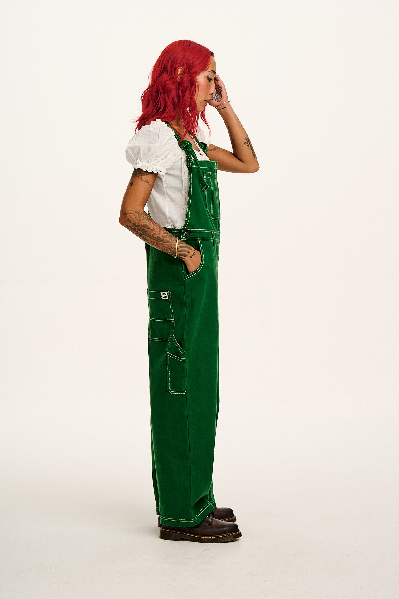 Mullen - Cotton Dungarees in Green Contrast Stitch