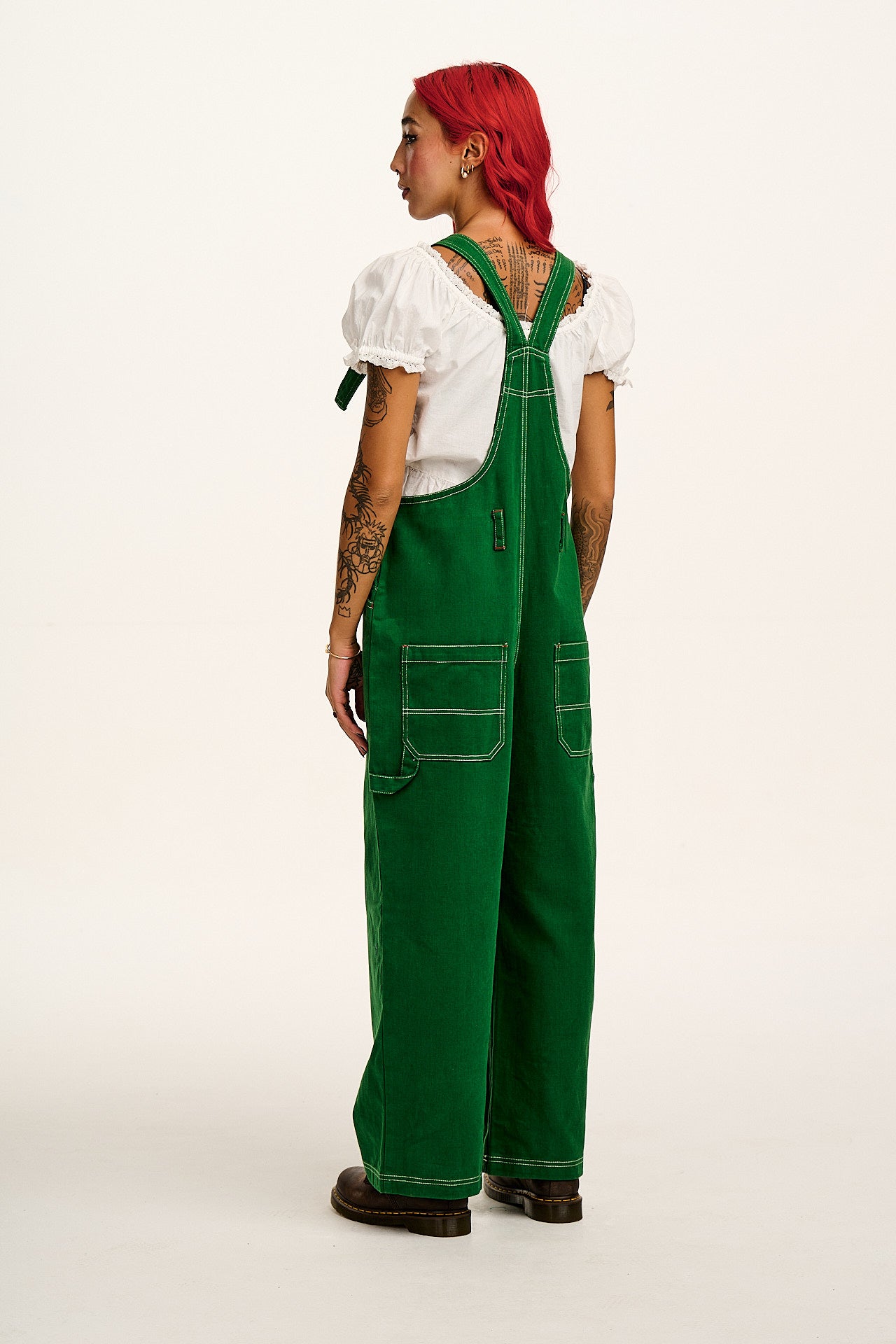 Mullen - Cotton Dungarees in Green Contrast Stitch