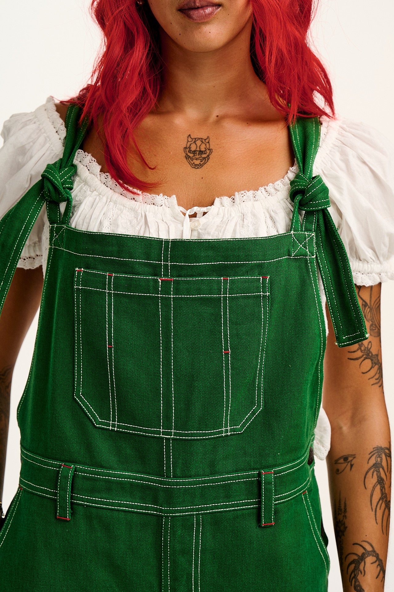 Mullen - Cotton Dungarees in Green Contrast Stitch