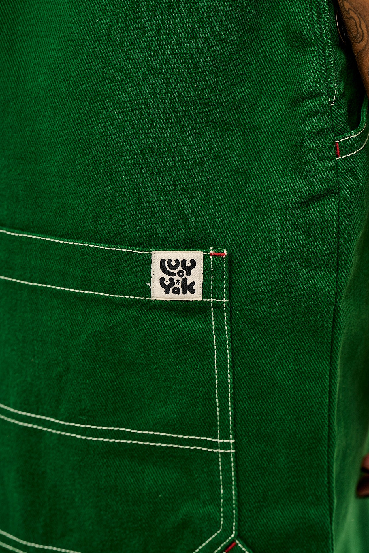 Mullen - Cotton Dungarees in Green Contrast Stitch