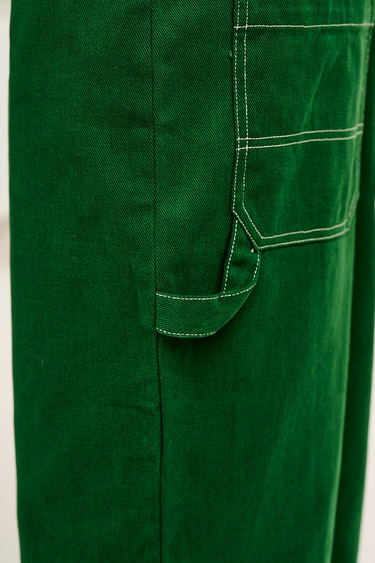 Mullen - Cotton Dungarees in Green Contrast Stitch