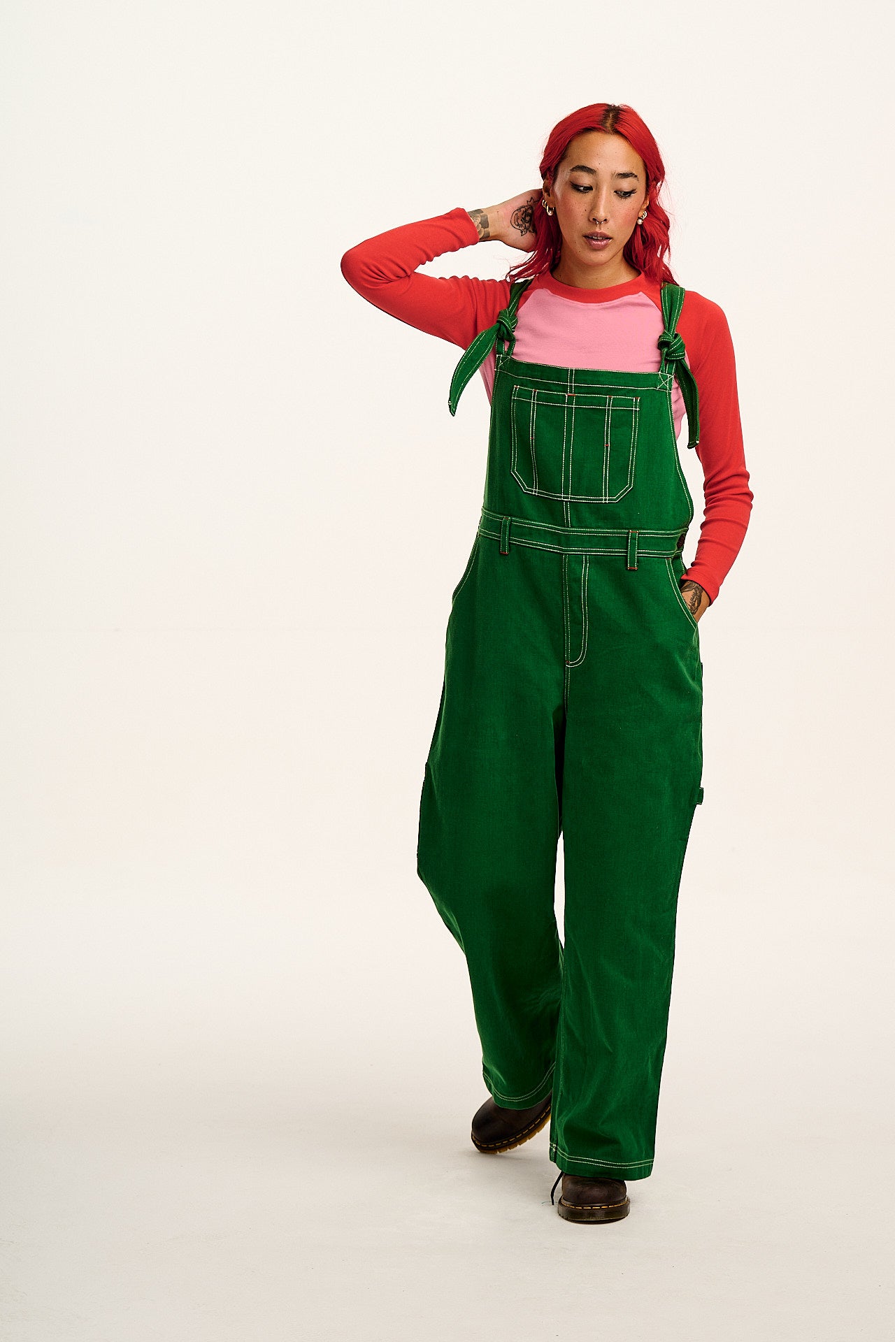 Mullen - Cotton Dungarees in Green Contrast Stitch