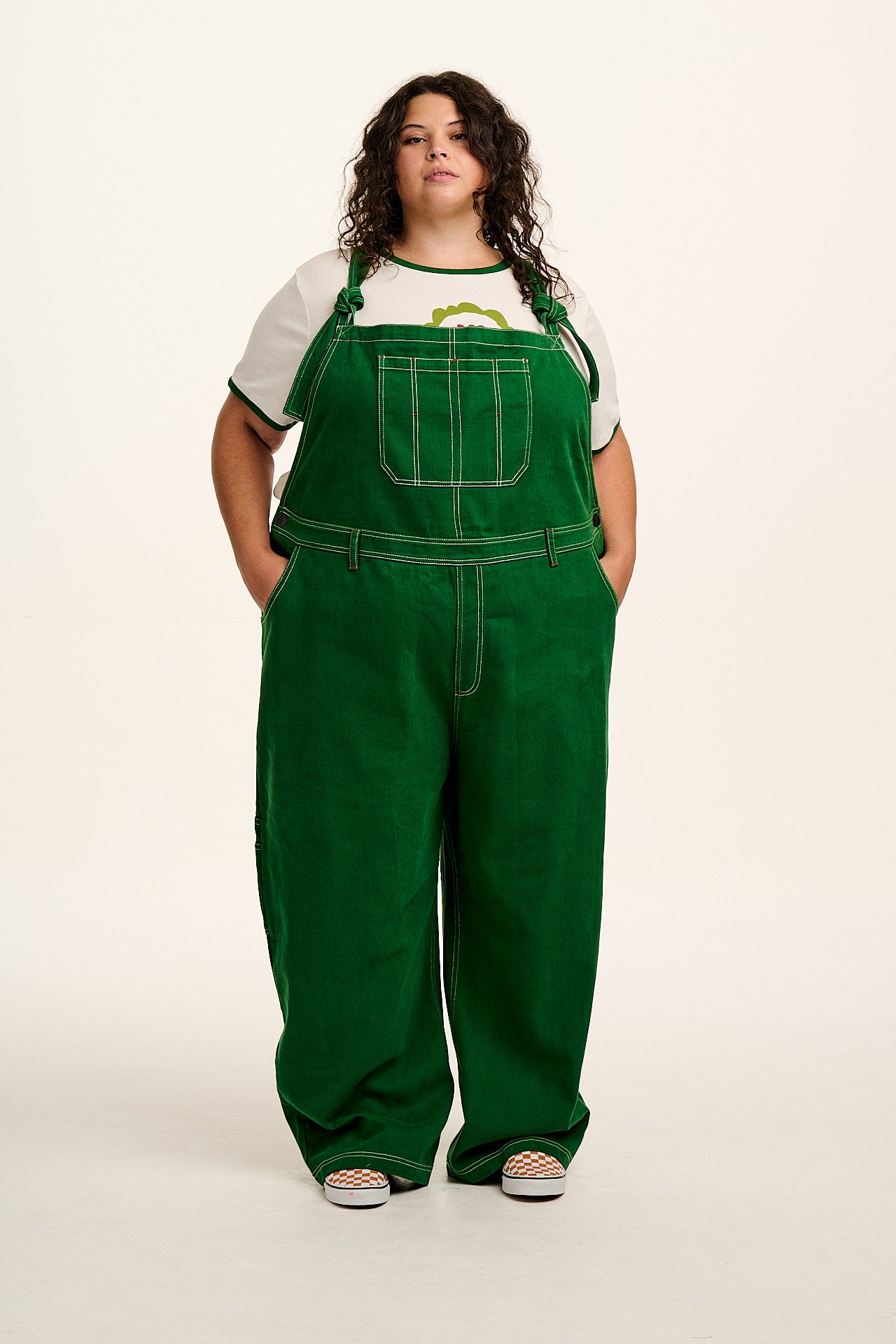 Mullen - Cotton Dungarees in Green Contrast Stitch