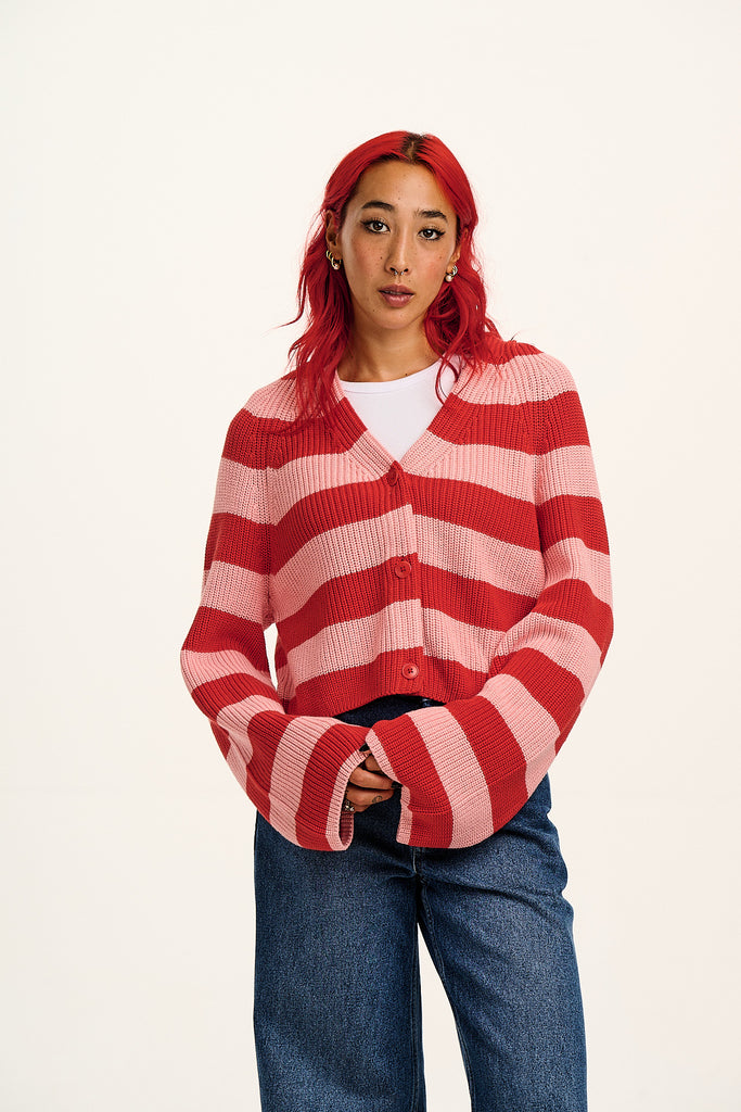 Robyn - V-Neck Cotton Cardigan in Pink & Red Stripe