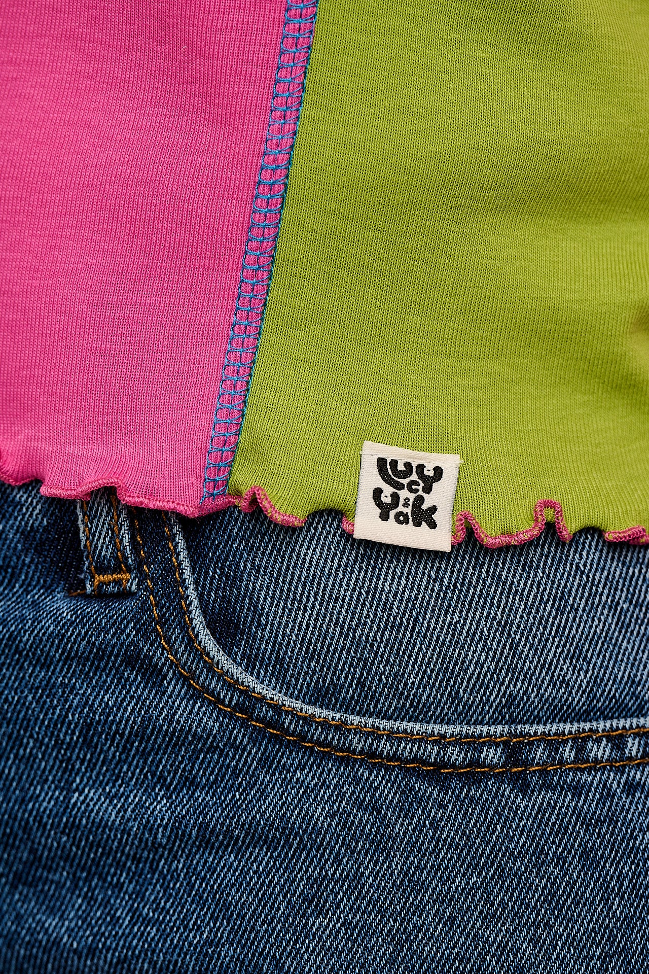 Hansel - Long Sleeve Cotton Crop Top in Pink, Blue & Green