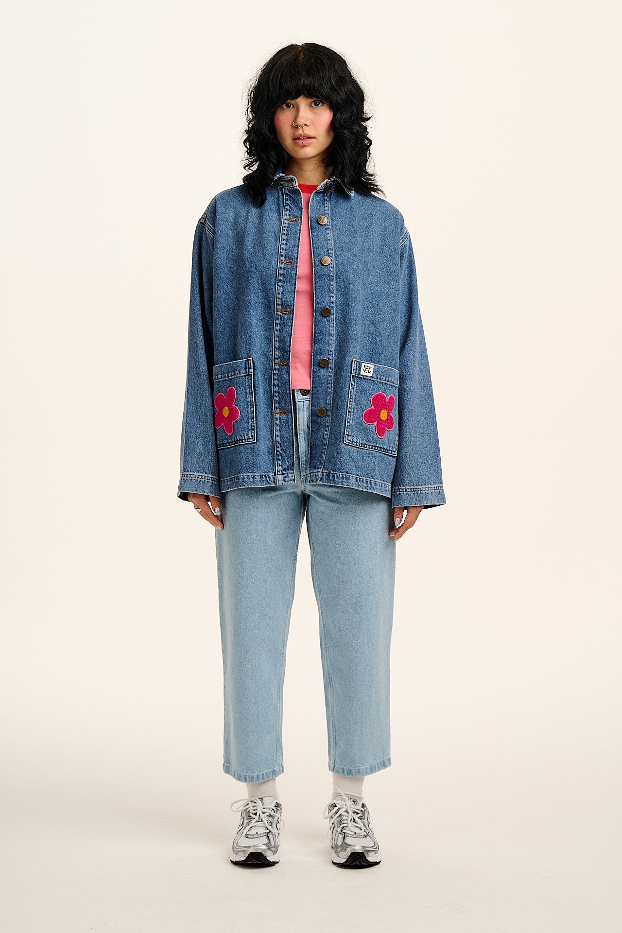 Olly - Denim Jacket in Mid Wash Blue with Pink Flower Motif
