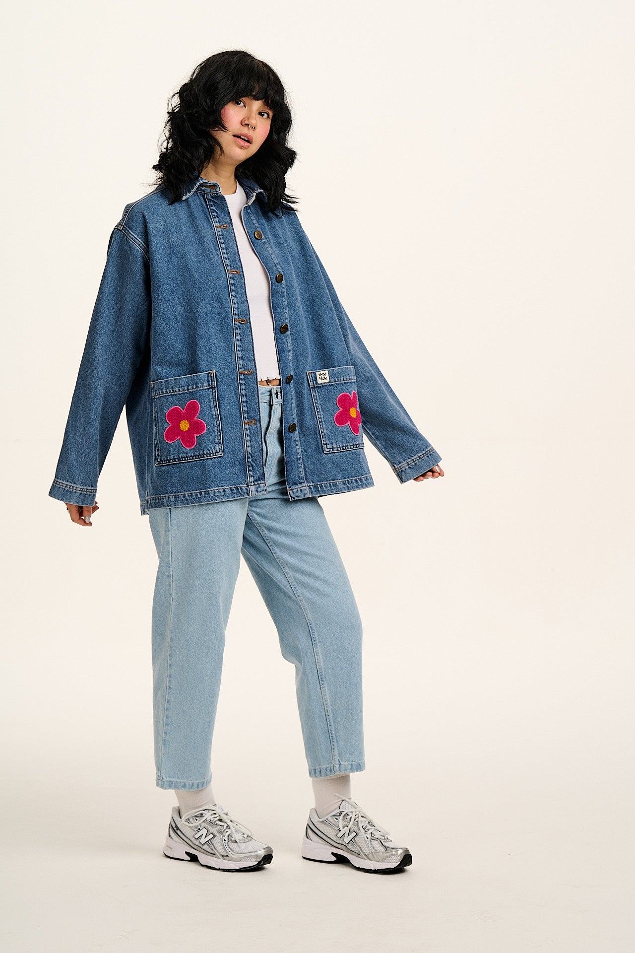 Olly - Denim Jacket in Mid Wash Blue with Pink Flower Motif