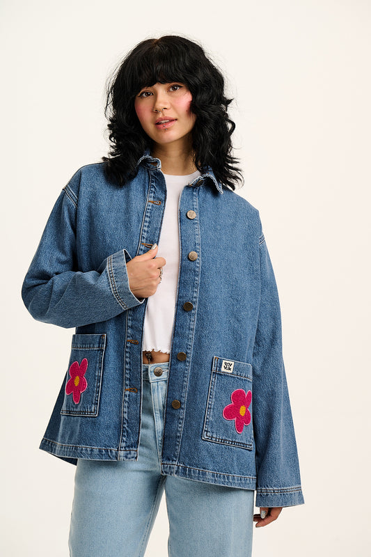 Olly - Denim Jacket in Mid Wash Blue with Pink Flower Motif