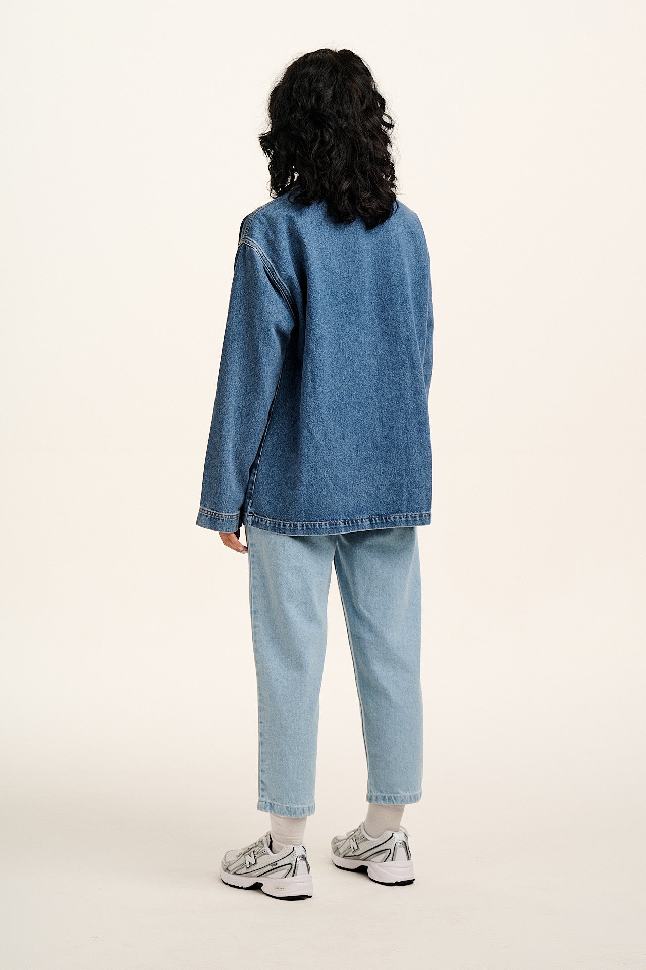 Olly - Denim Jacket in Mid Wash Blue with Pink Flower Motif