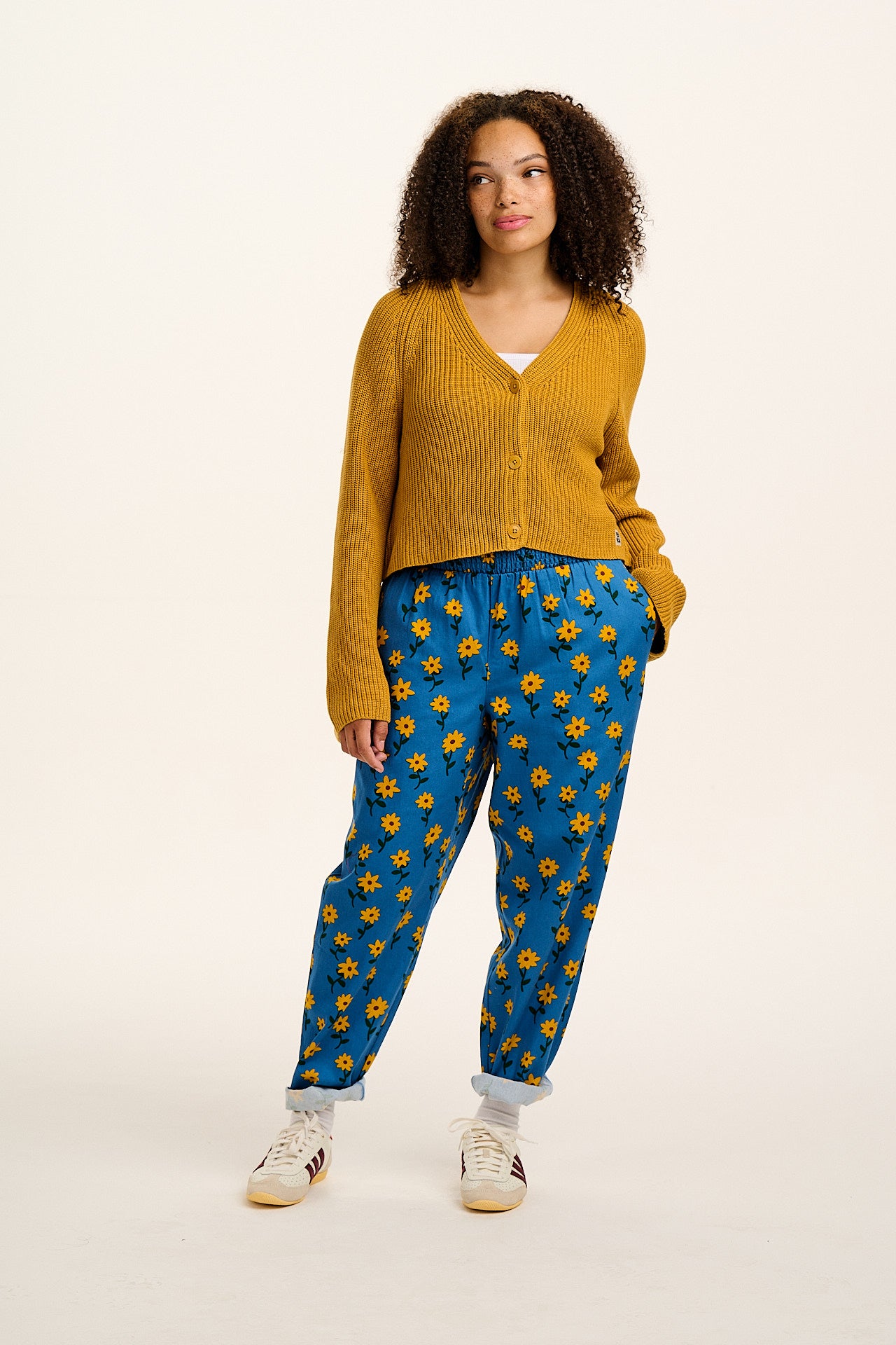Alexa - Cotton Trousers in Blue Sunflowers Print