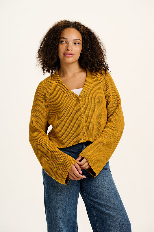 Robyn - V-Neck Cotton Cardigan in Mustard Yellow