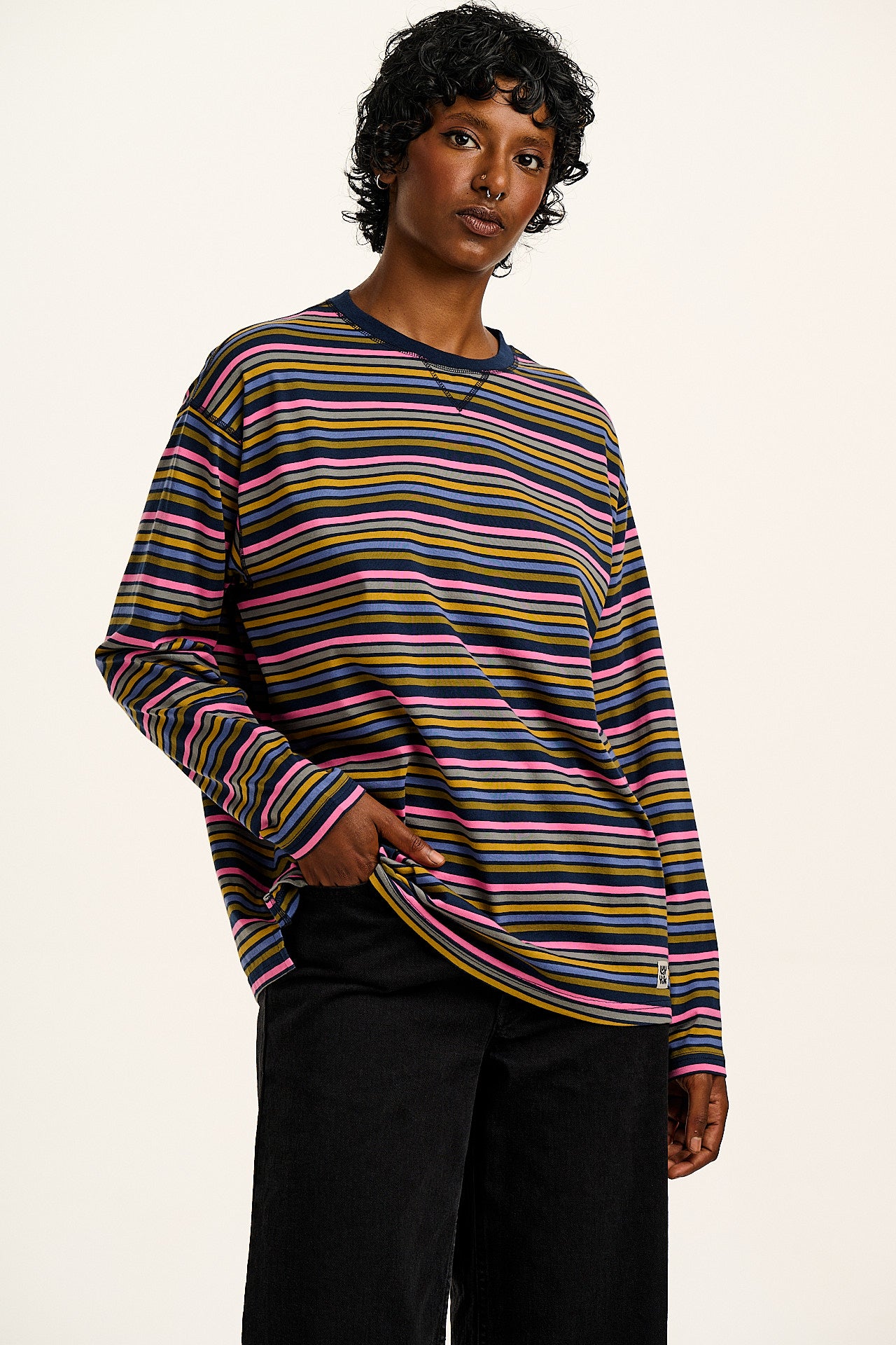 Murat - Long Sleeve Lightweight Cotton T-Shirt in Grunge Stripe