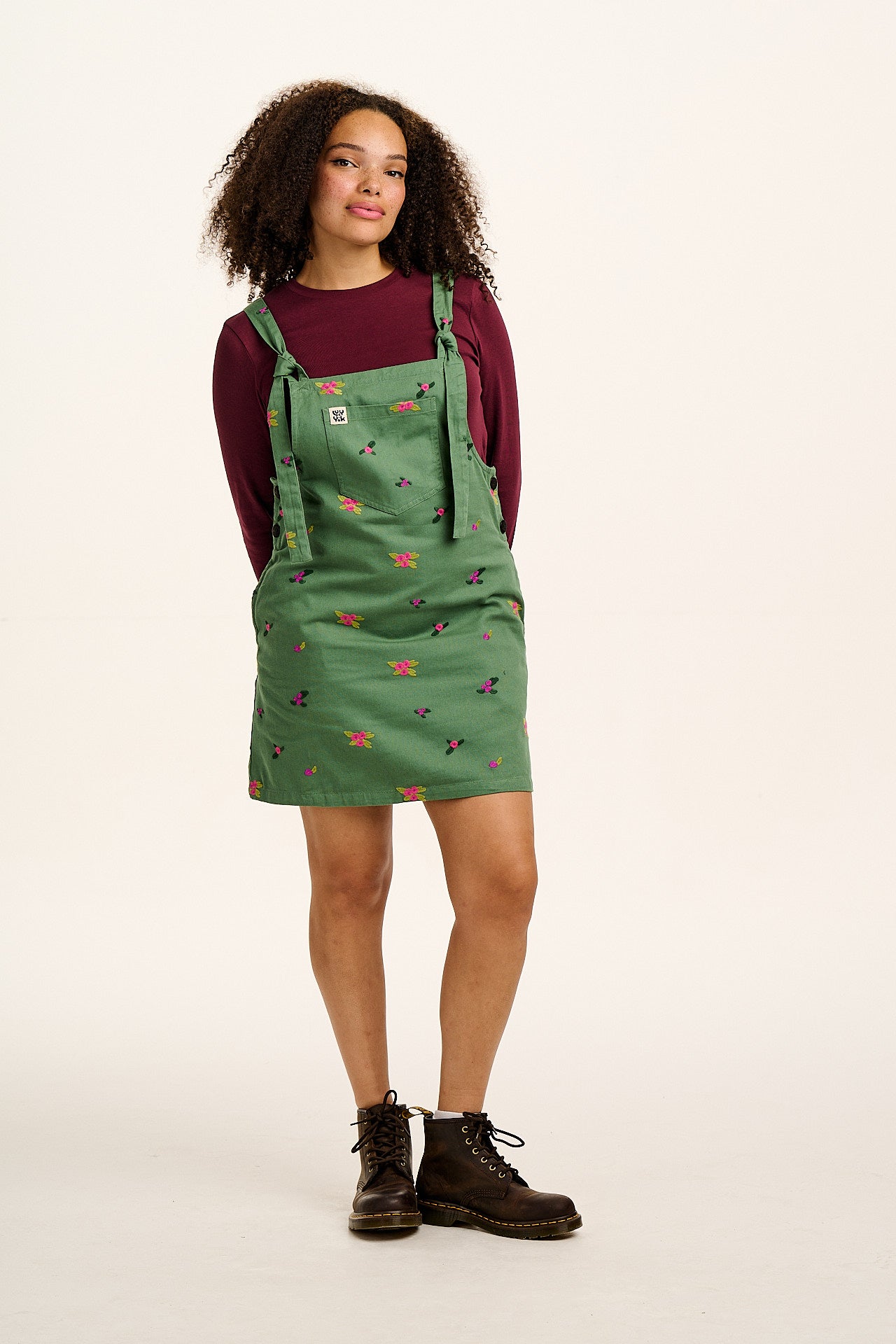 Mini Pini - Cotton Dress in Green with Floral Embroidery