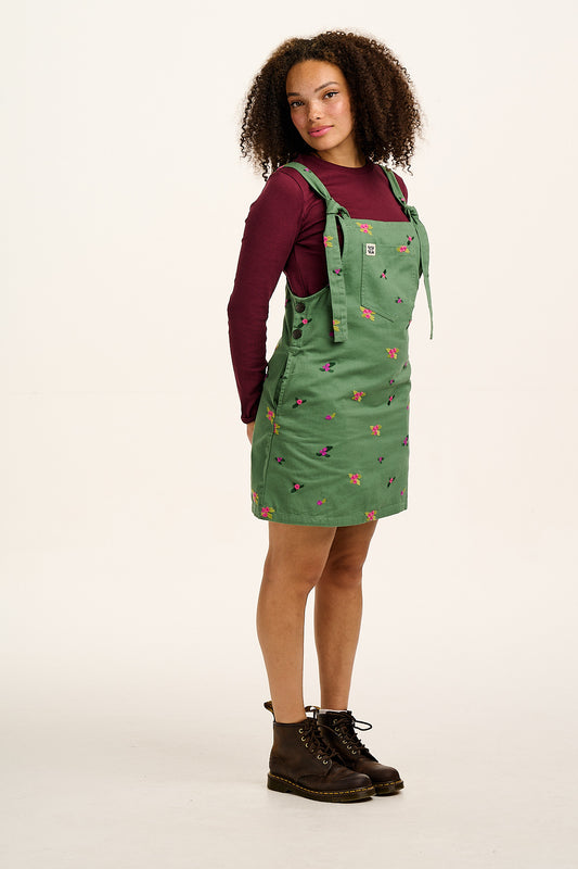 Mini Pini - Cotton Dress in Green with Floral Embroidery