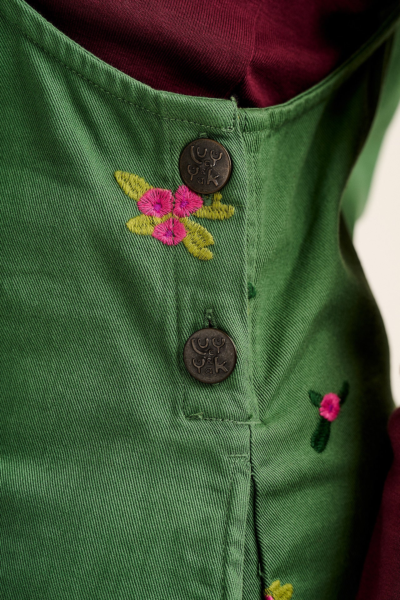 Mini Pini - Cotton Dress in Green with Floral Embroidery