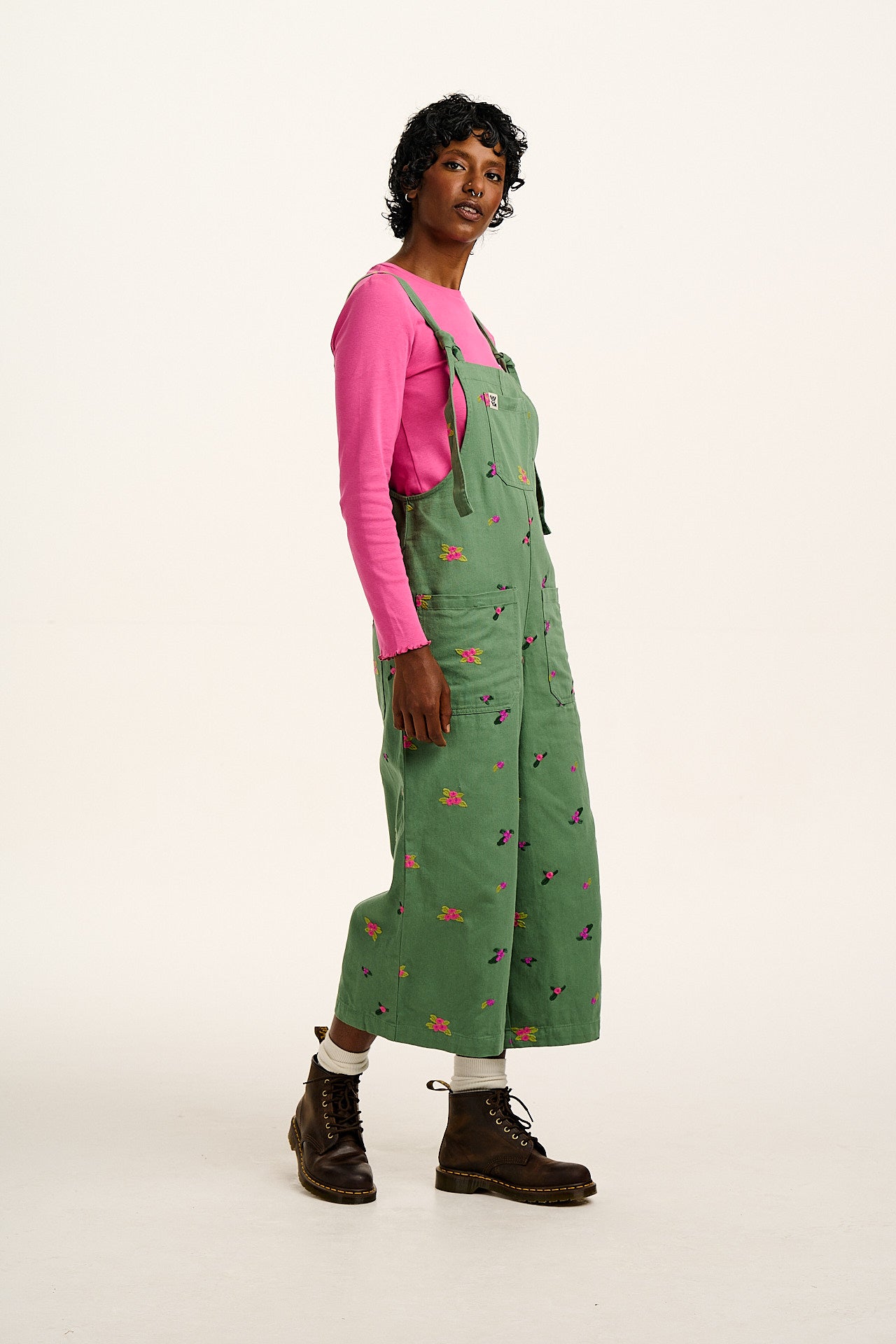 Jenny -  Wide Leg Cotton Dungarees in Green with Floral Embroidery