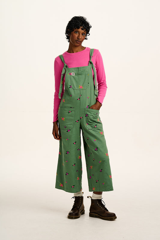 Jenny -  Wide Leg Cotton Dungarees in Green with Floral Embroidery