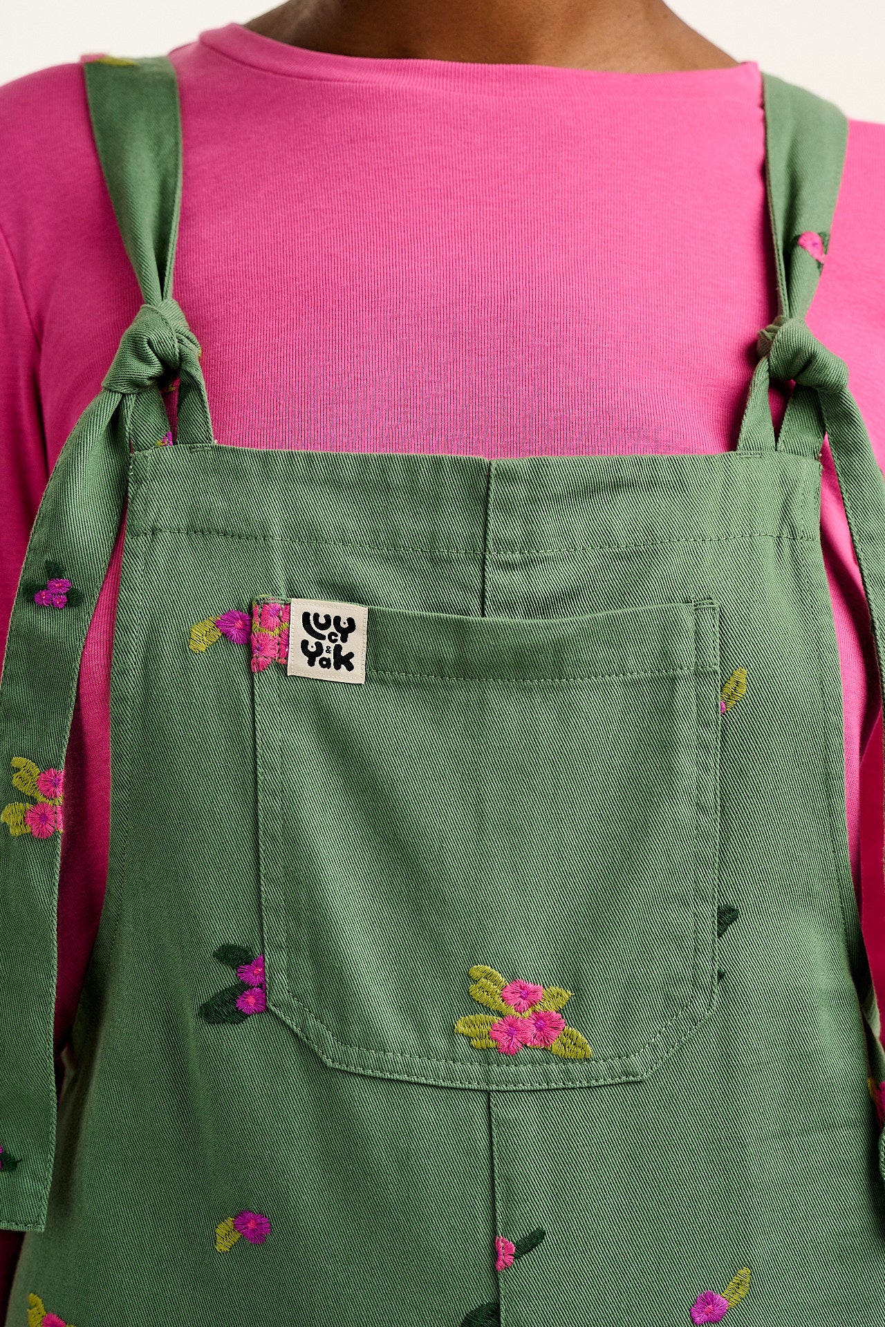 Jenny -  Wide Leg Cotton Dungarees in Green with Floral Embroidery