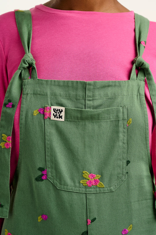 Jenny -  Wide Leg Cotton Dungarees in Green with Floral Embroidery