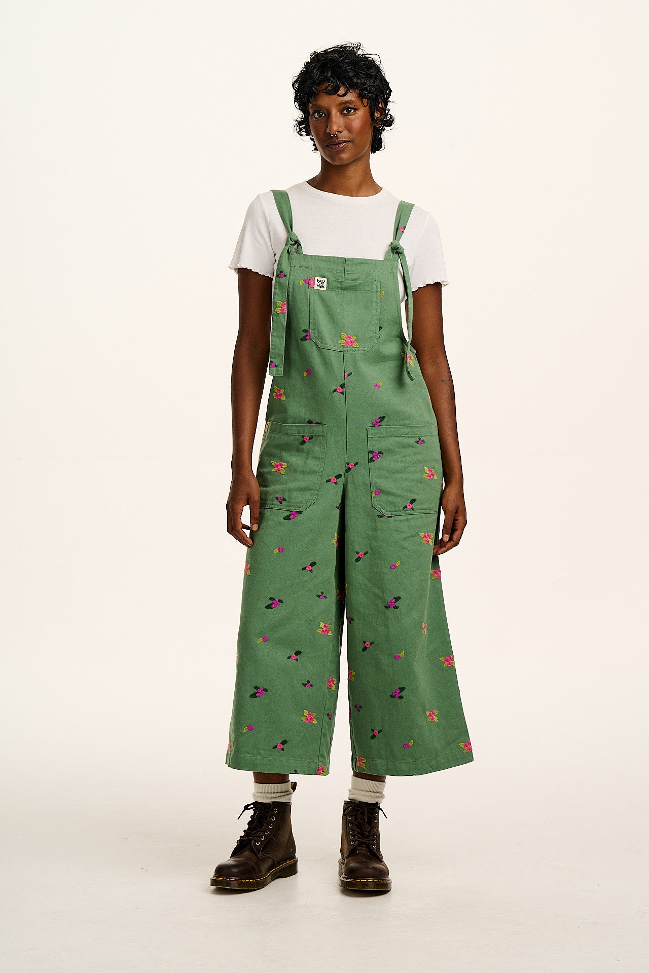Jenny -  Wide Leg Cotton Dungarees in Green with Floral Embroidery