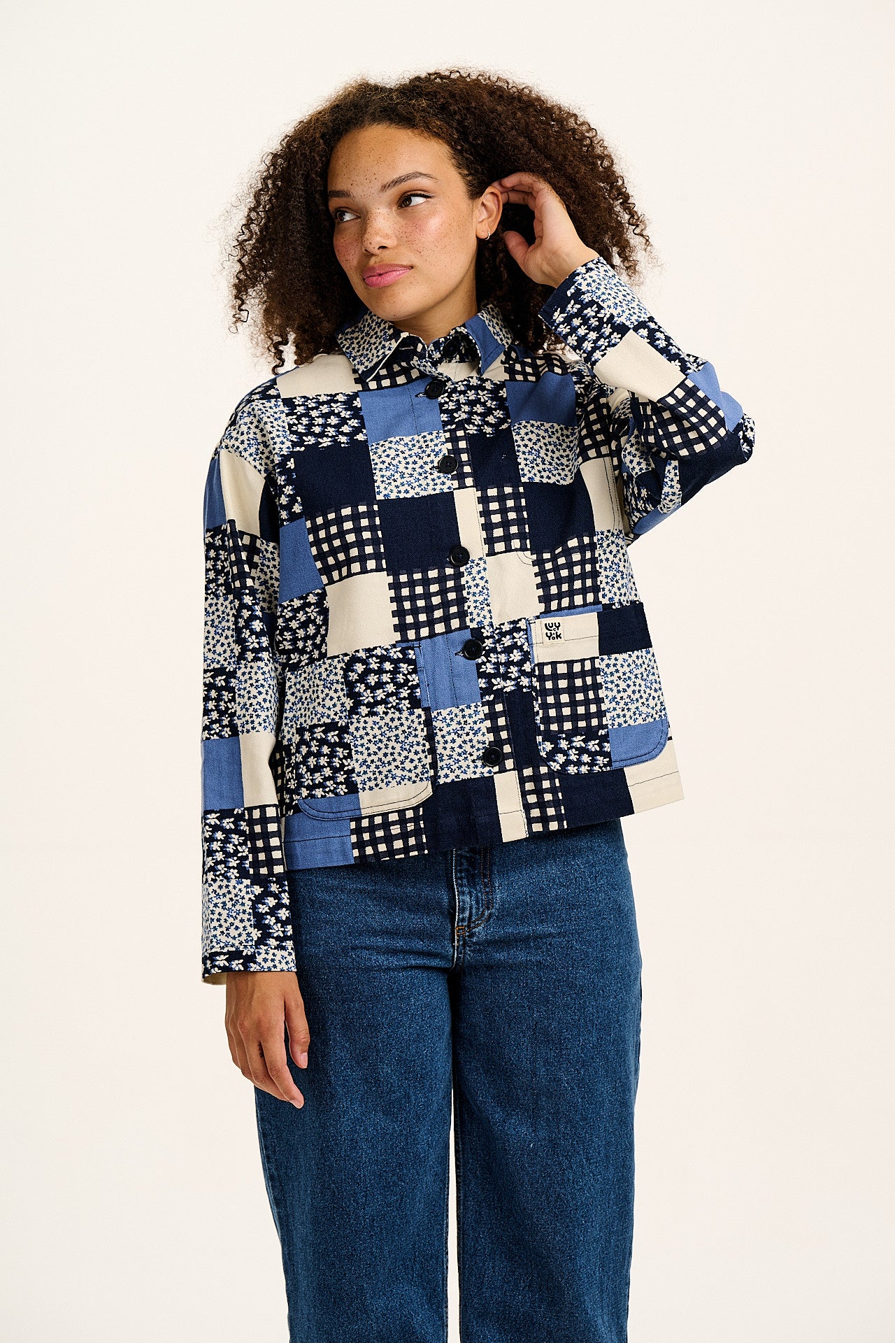 Connie - Cotton Jacket in Inked Blue Patchwork