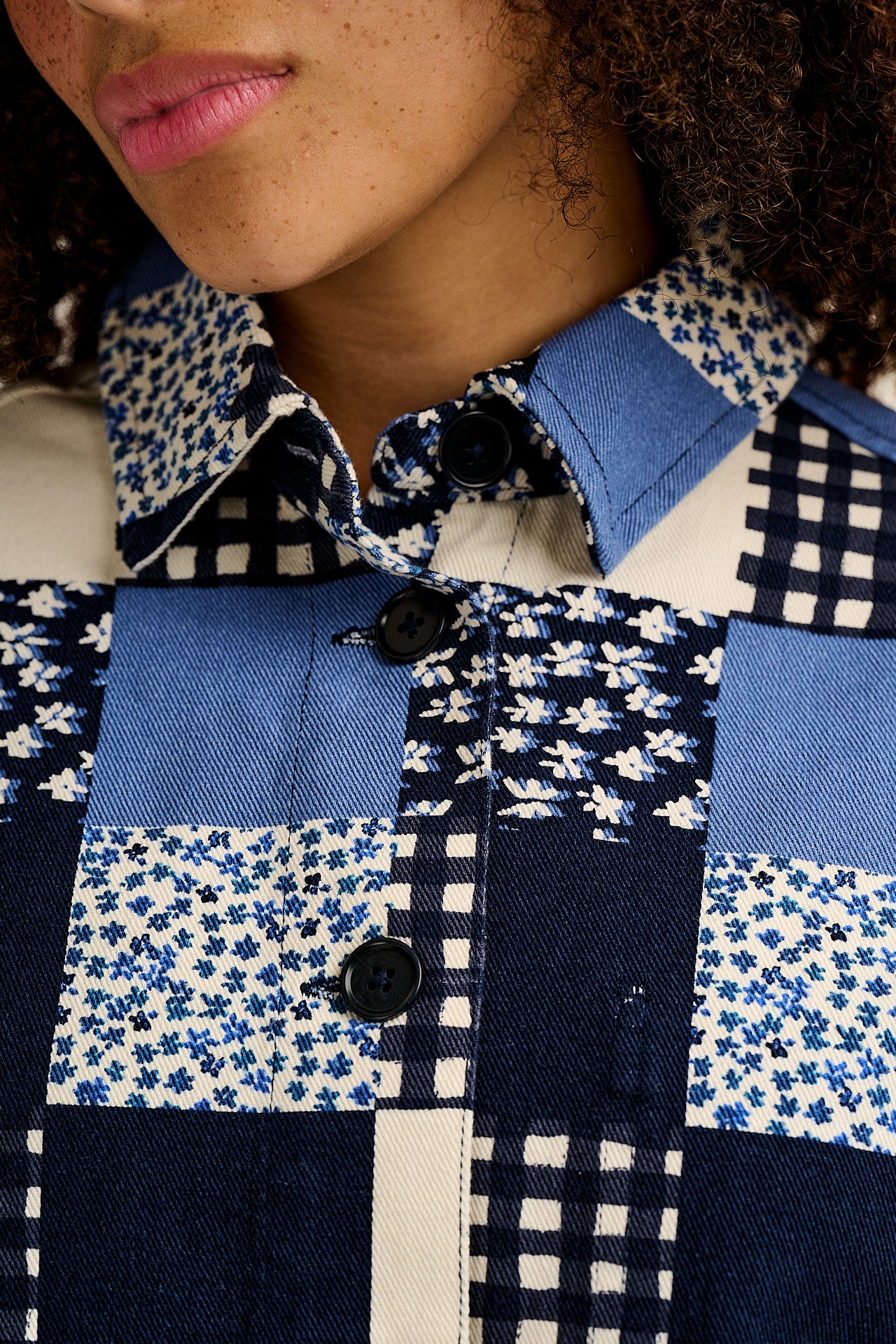 Connie - Cotton Jacket in Inked Blue Patchwork