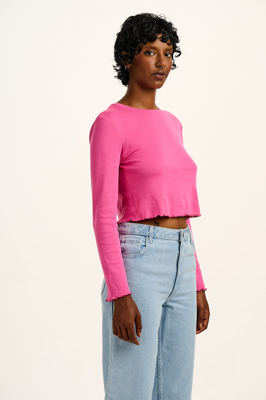 Hansel - Long Sleeve Cotton Crop Top in Mulberry Pink