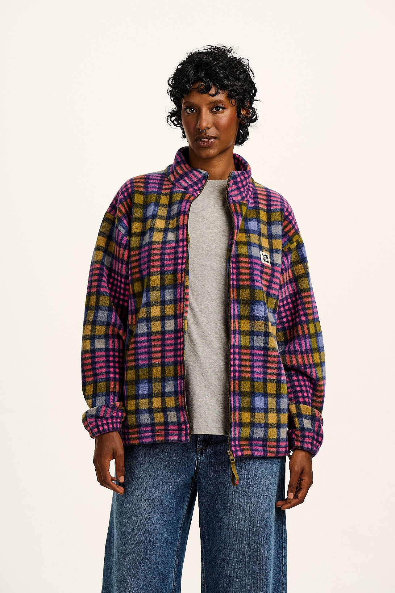 Lucy　0324 Nicks - Full Zip Polar Fleece in Purple Grunge Check – Lucy & Yak