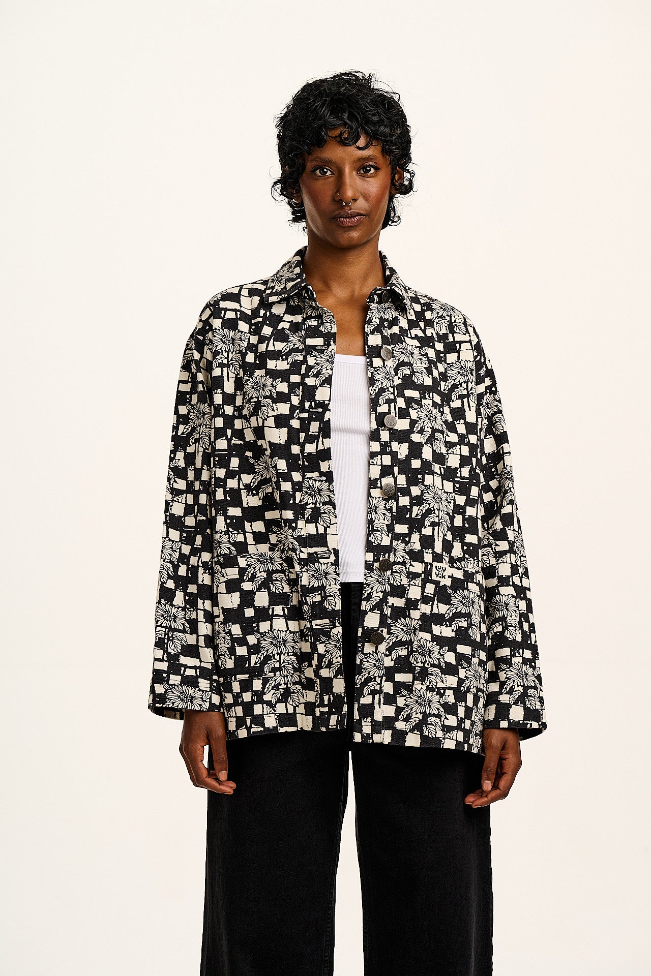 L.E. Olly - Cotton Jacket in Black & White Sunflower Check