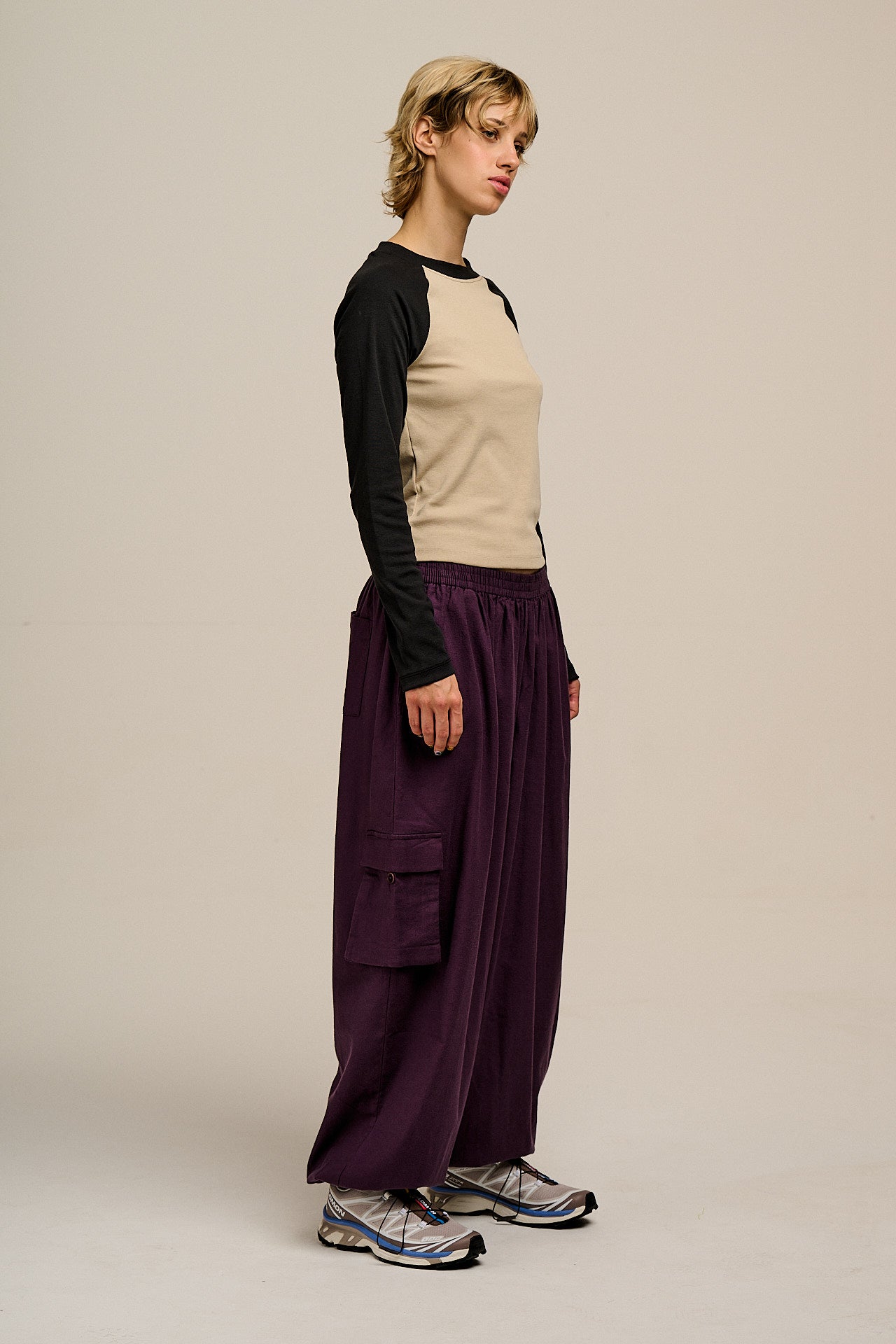 Rumi - Brushed Cotton Barrel Trousers in Plum Perfect