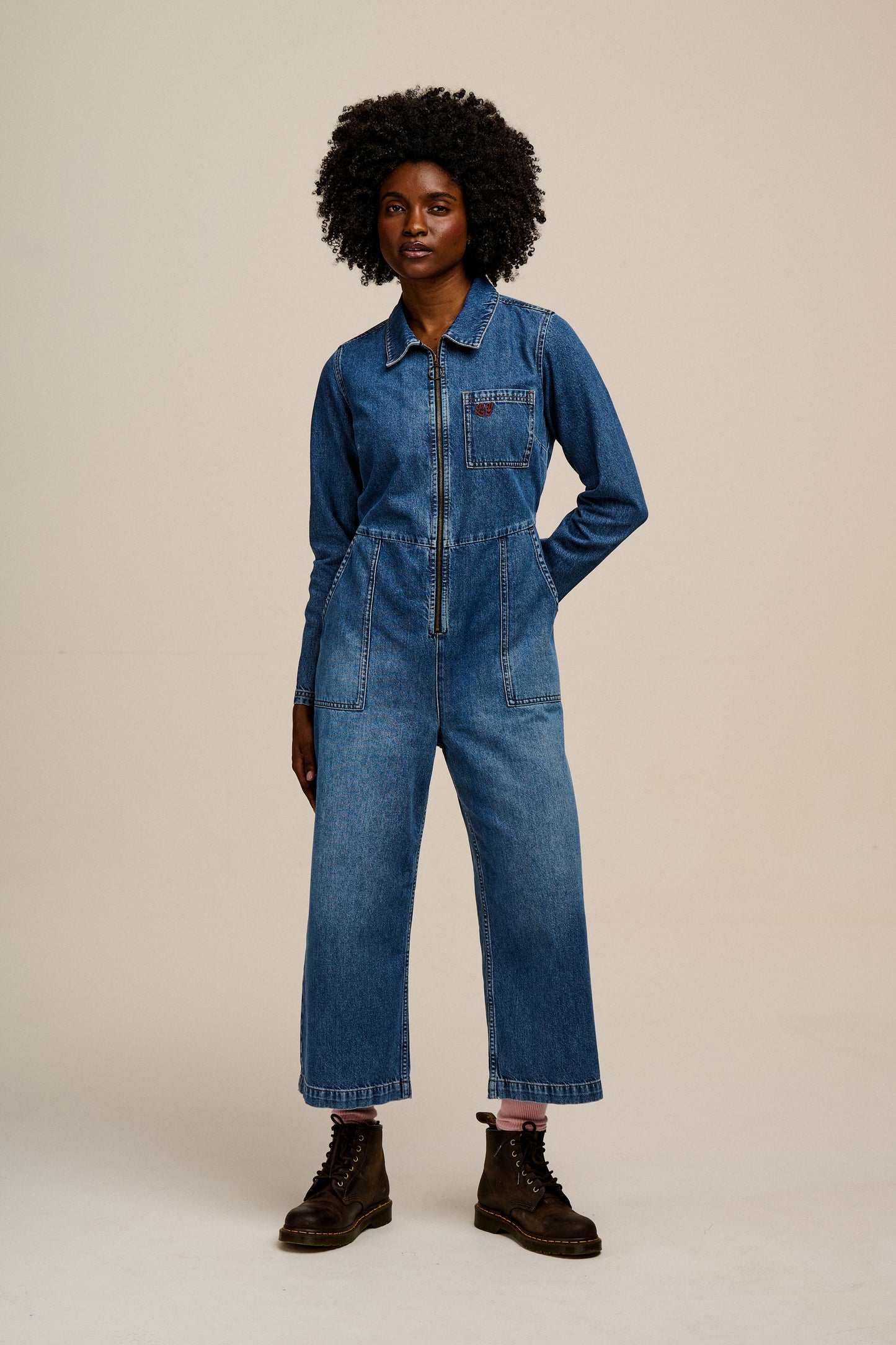 Tavira - Denim Long Sleeve Jumpsuit in Vintage Wash