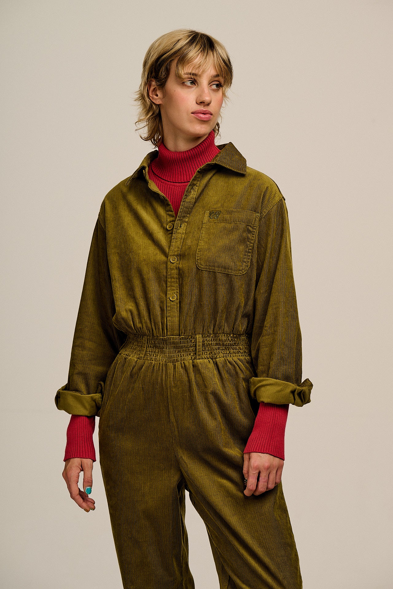 Eddie - Long Sleeve Corduroy Jumpsuit in Fir Green