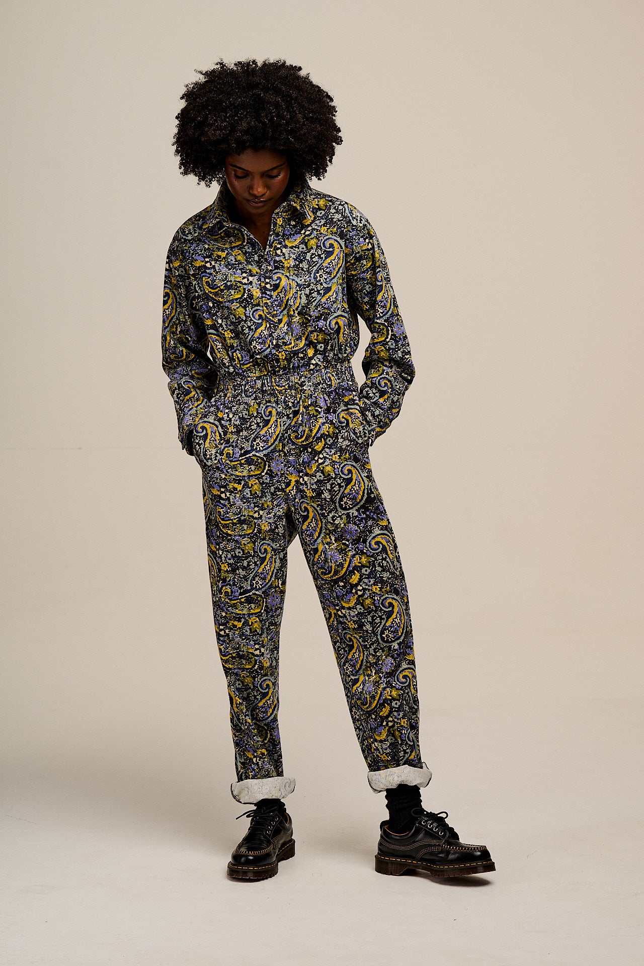 Eddie - Long Sleeve Corduroy Jumpsuit in Grunge Paisley Print