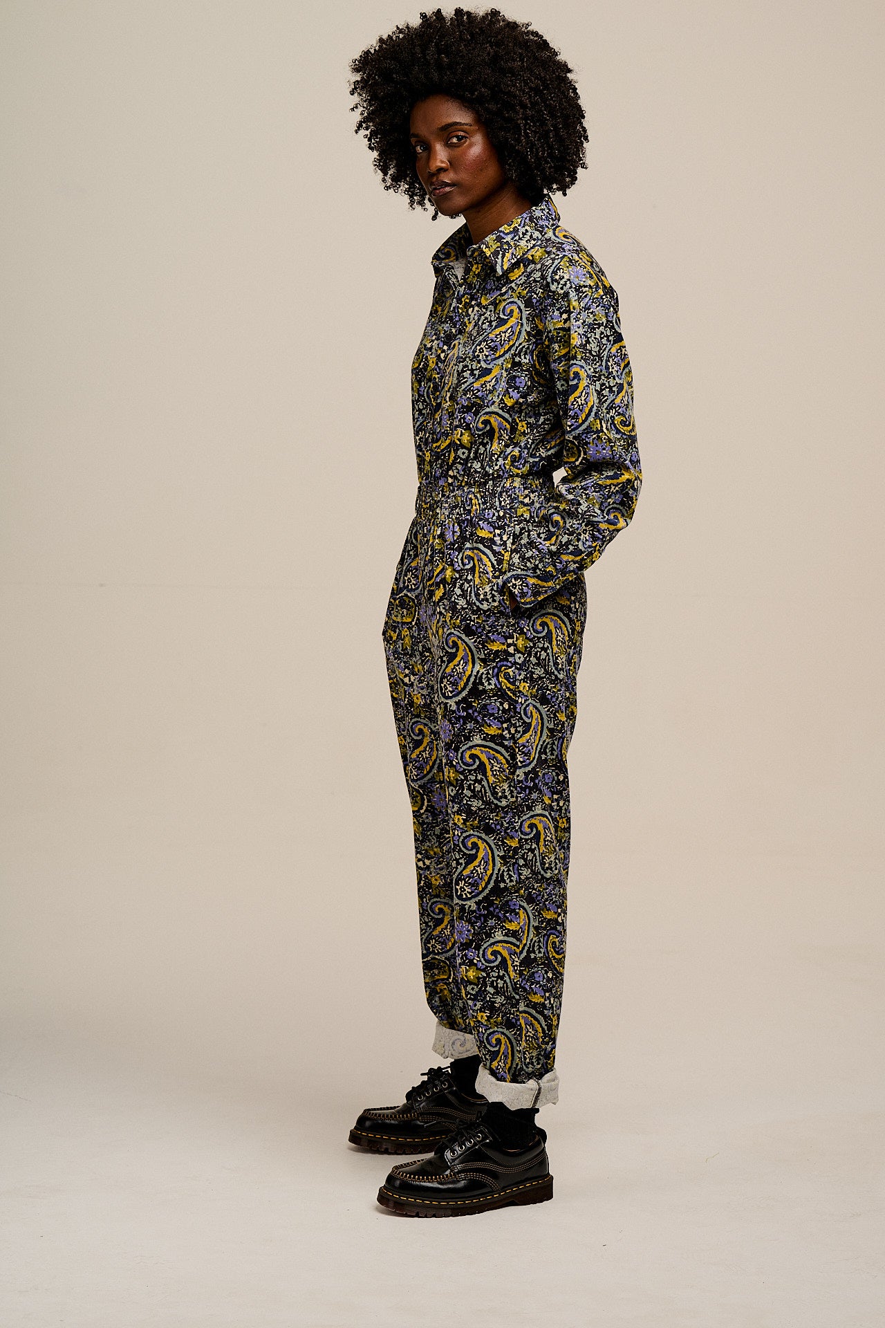Eddie - Long Sleeve Corduroy Jumpsuit in Grunge Paisley Print