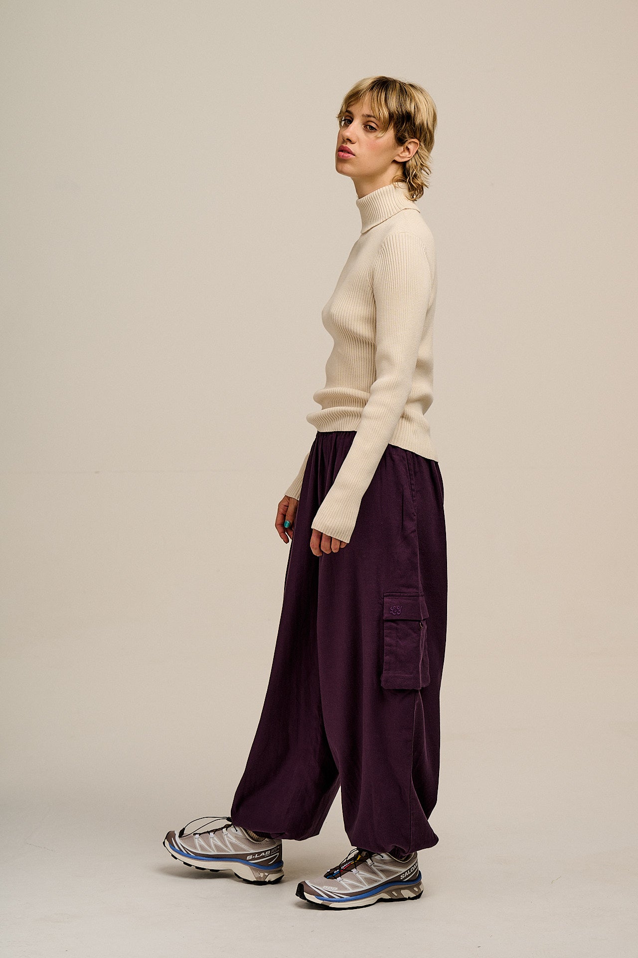 Rumi - Brushed Cotton Barrel Trousers in Plum Perfect
