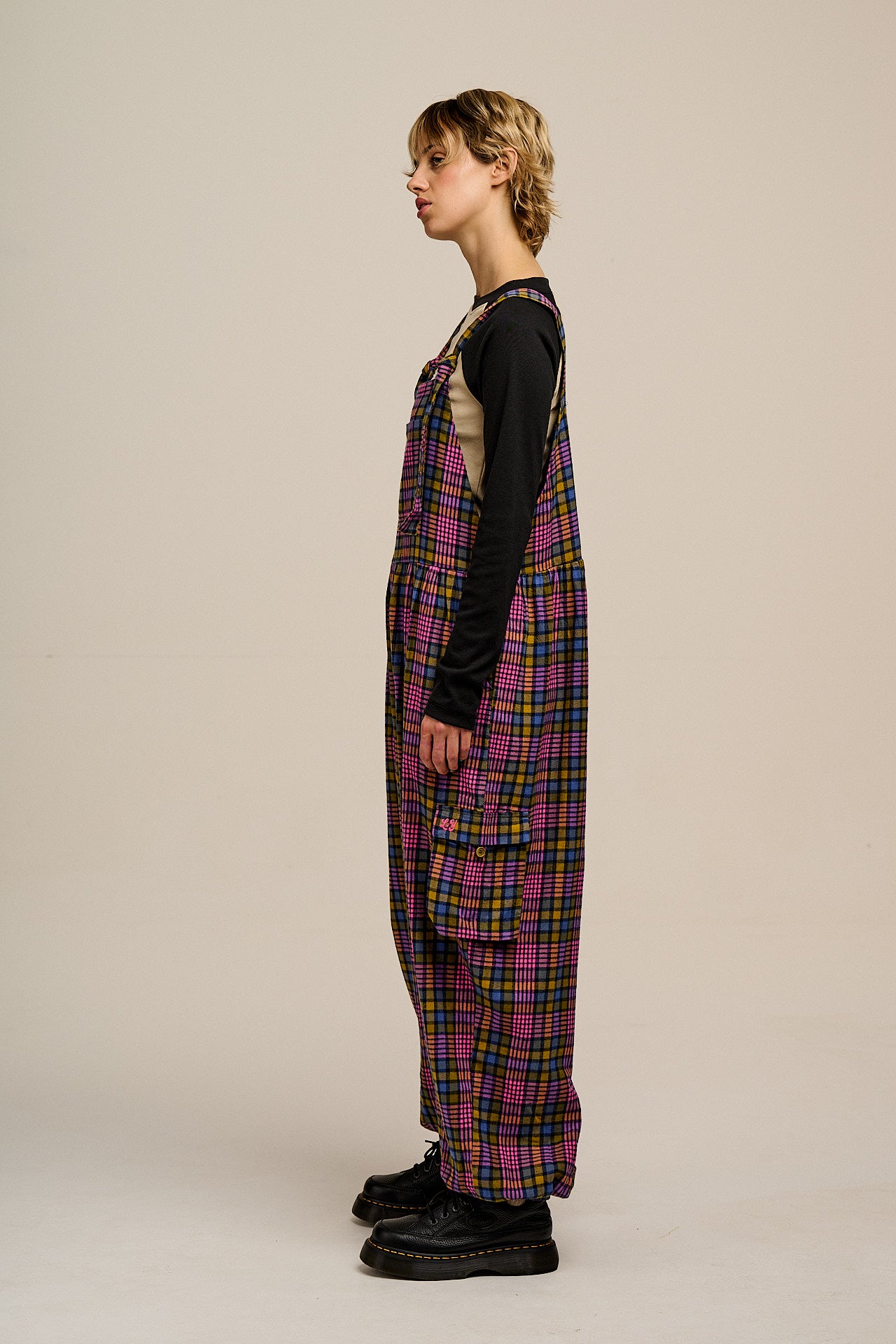 Miyada - Brushed Cotton Dungarees in Grunge Purple Check