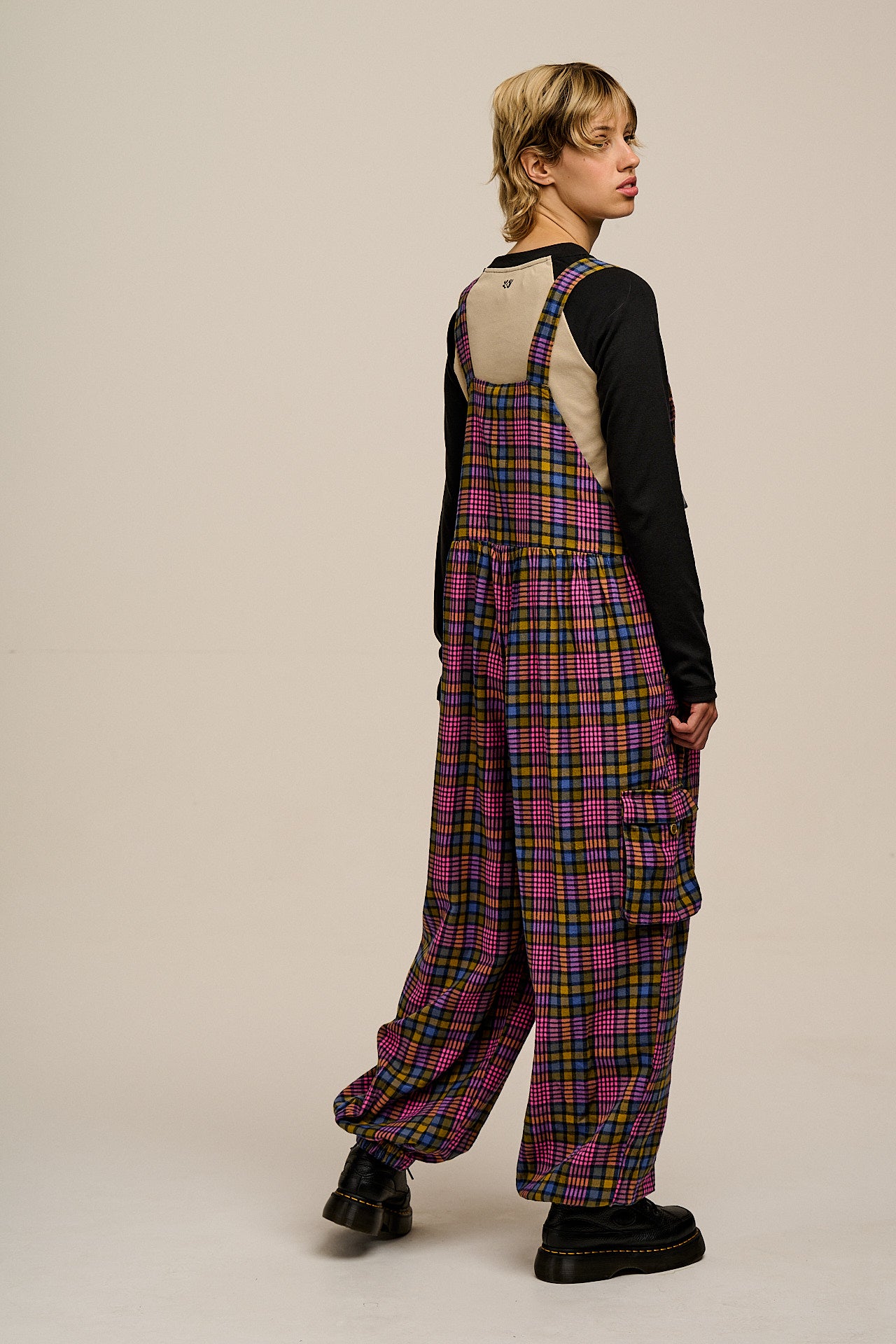 Miyada - Brushed Cotton Dungarees in Grunge Purple Check